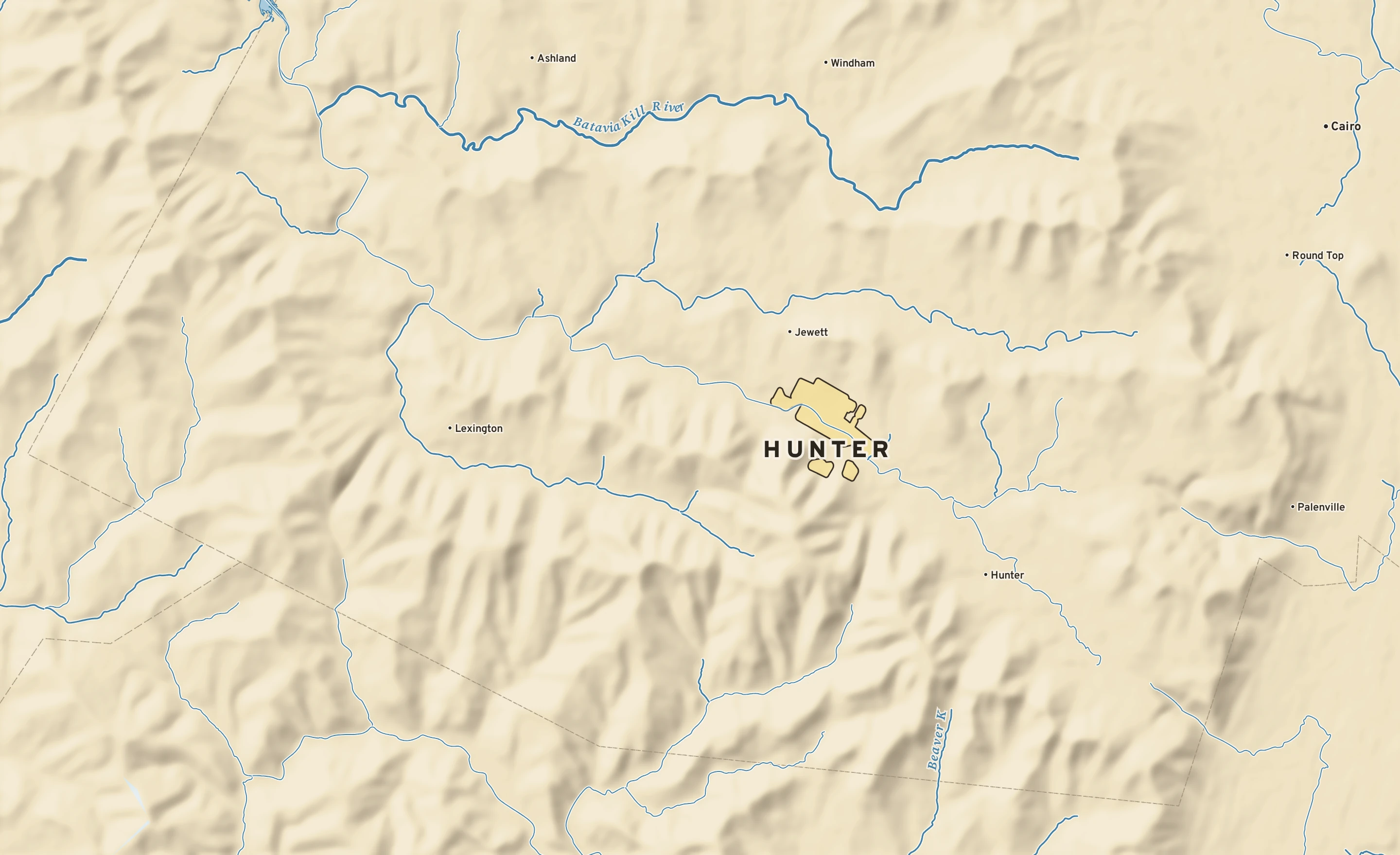 Shaded-relief atlas plate of Hunter, New York: rivers, roads, the city limits and where the water drains.
