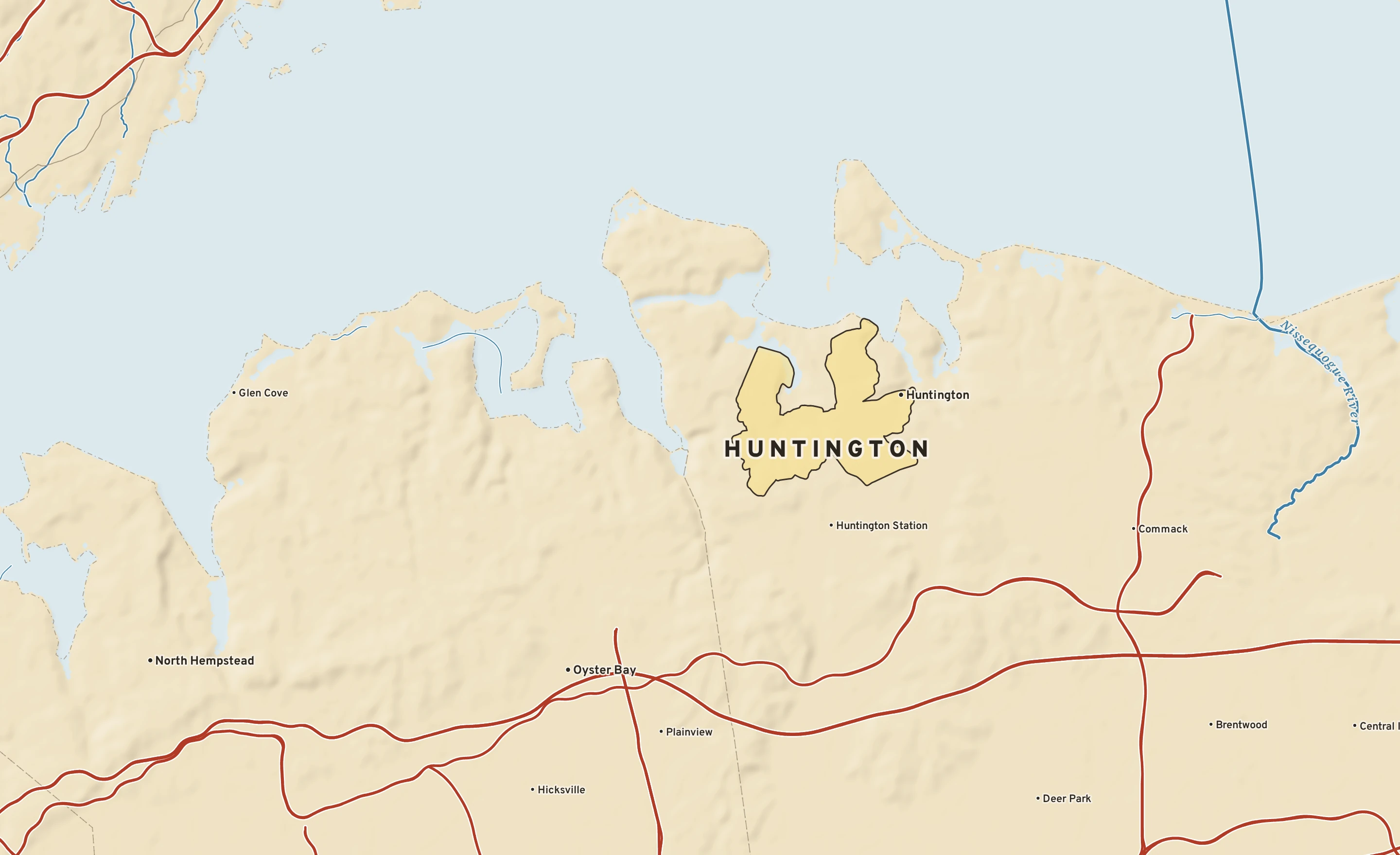 Shaded-relief atlas plate of Huntington, New York: rivers, roads, the city limits and where the water drains.