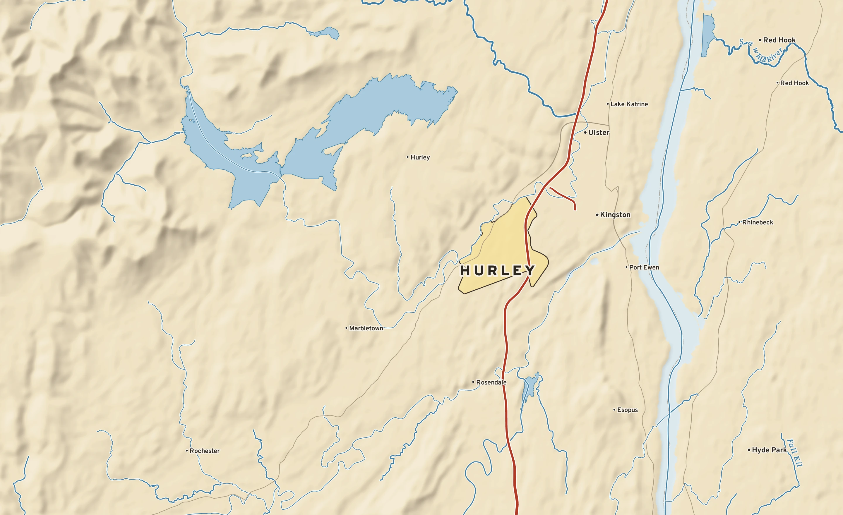 Shaded-relief atlas plate of Hurley, New York: rivers, roads, the city limits and where the water drains.