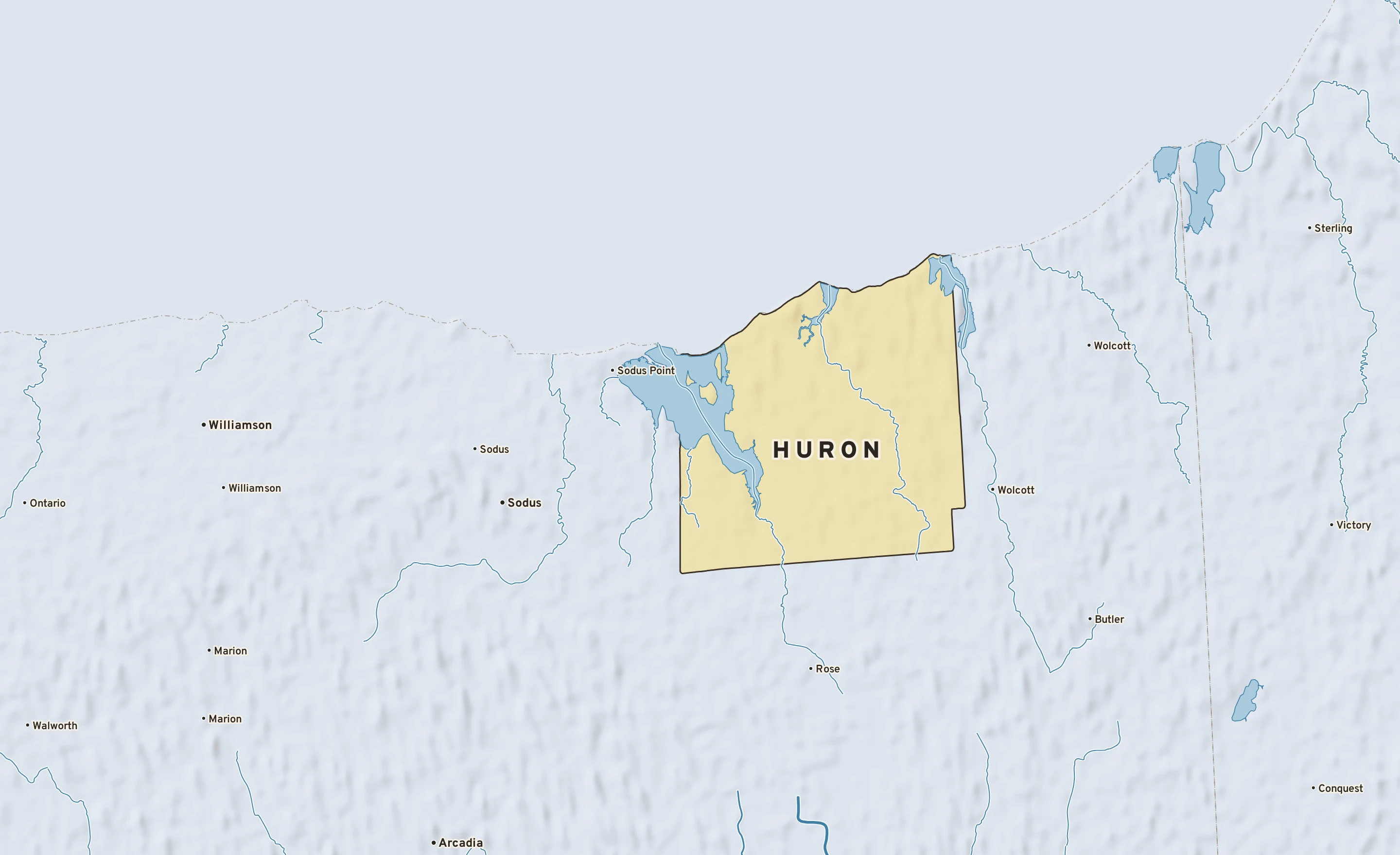 Shaded-relief atlas plate of Huron, New York: rivers, roads, the city limits and where the water drains.