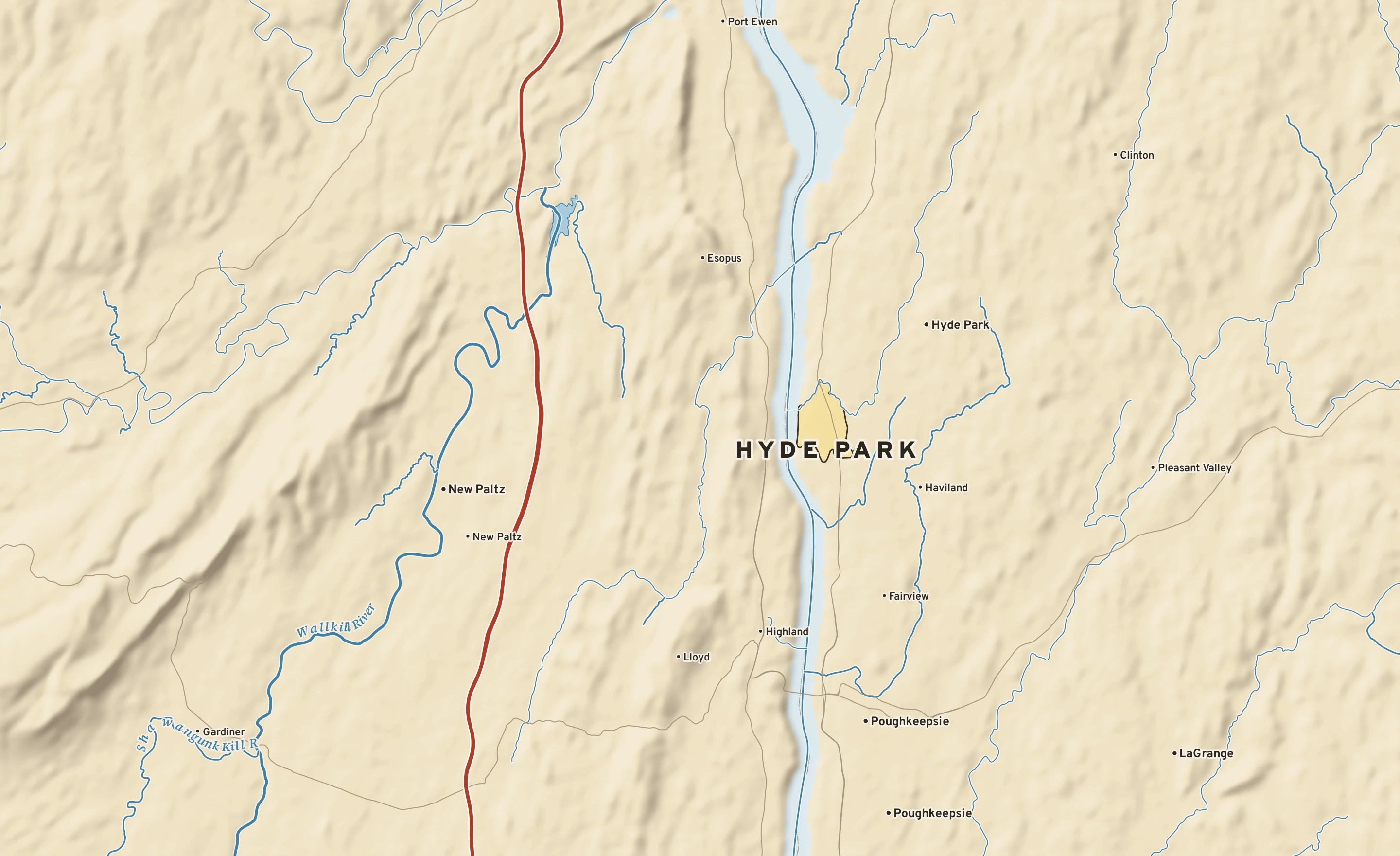 Shaded-relief atlas plate of Hyde Park, New York: rivers, roads, the city limits and where the water drains.