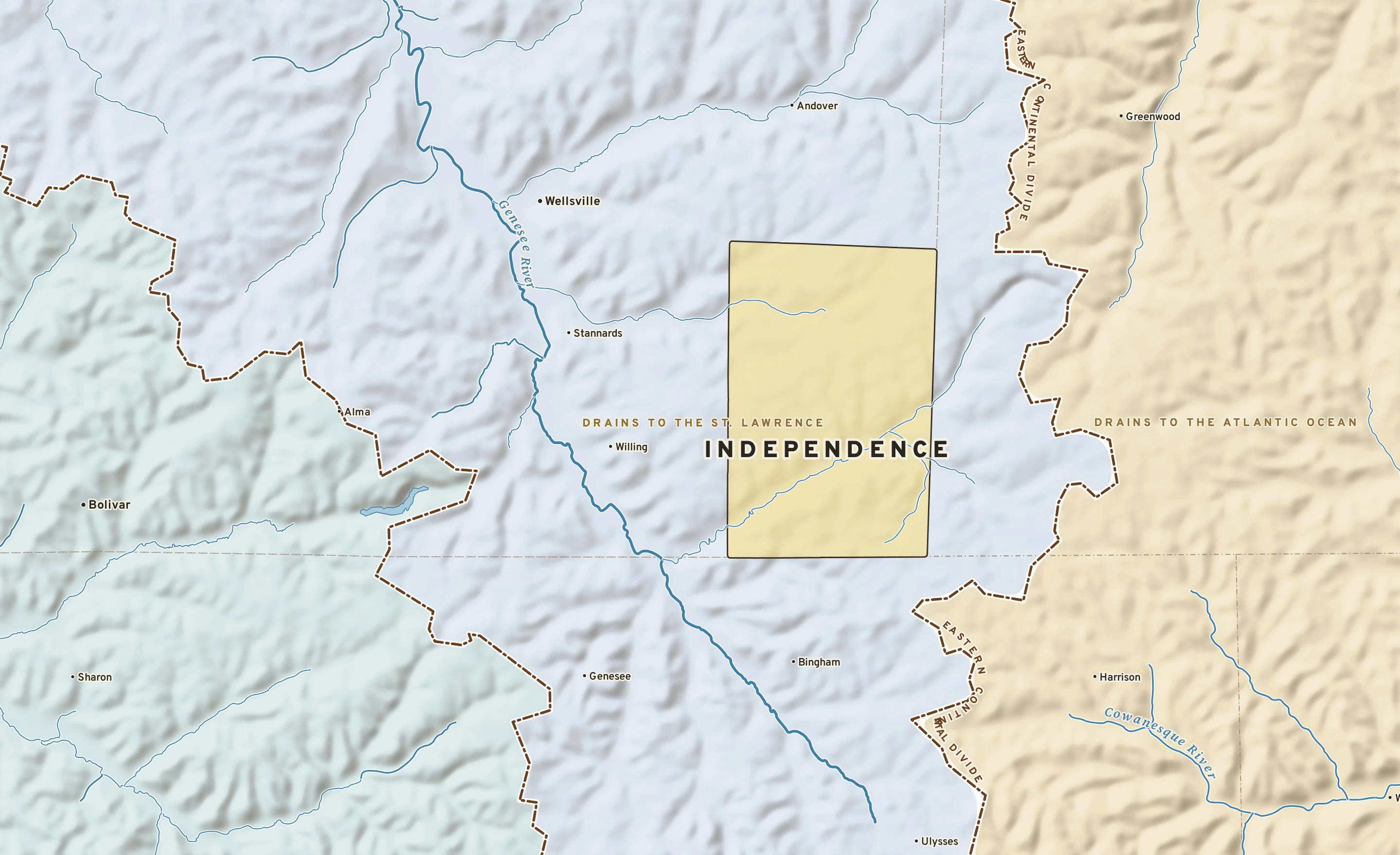 Shaded-relief atlas plate of Independence, New York: rivers, roads, the city limits and where the water drains.