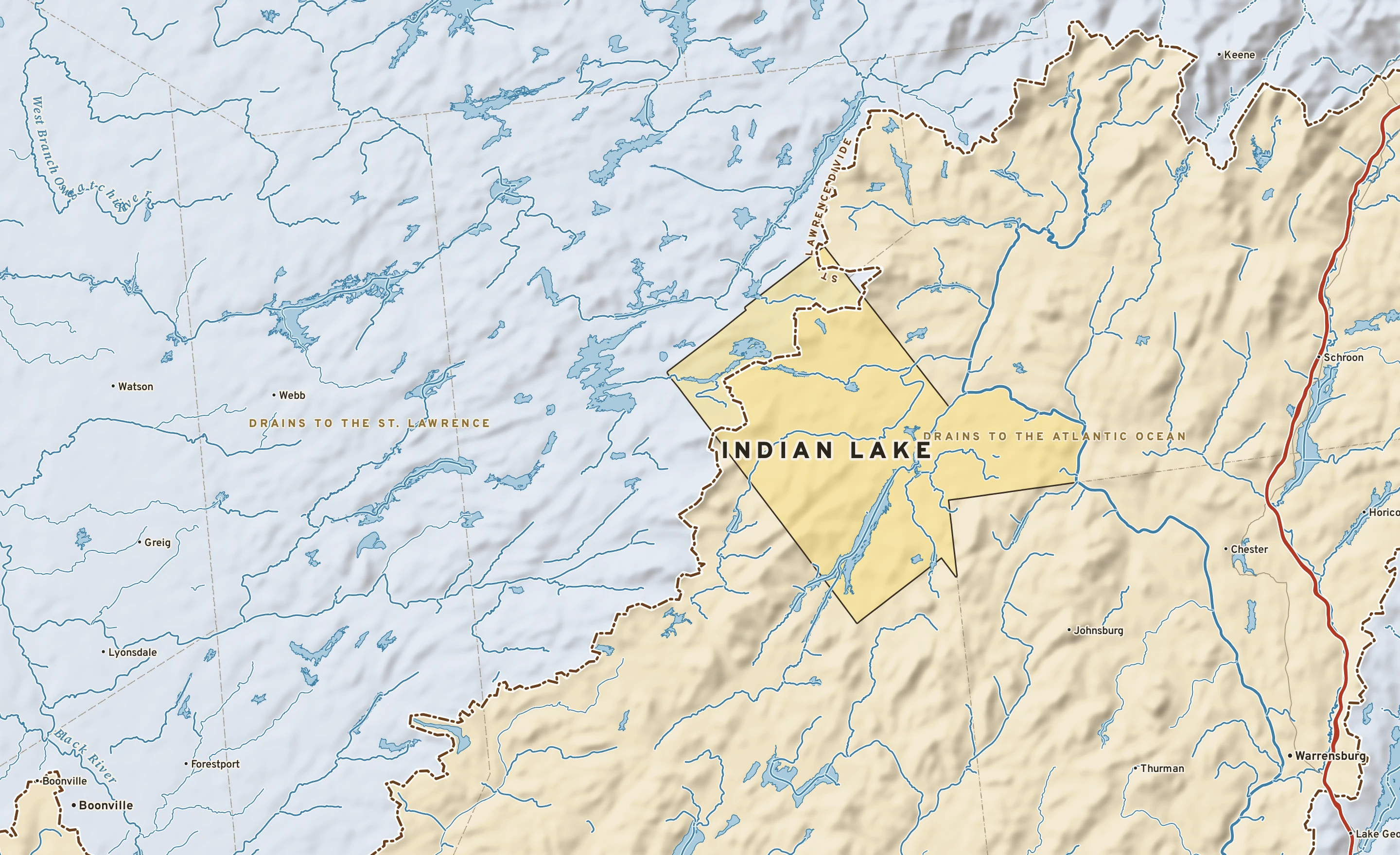 Shaded-relief atlas plate of Indian Lake, New York: rivers, roads, the city limits and where the water drains.