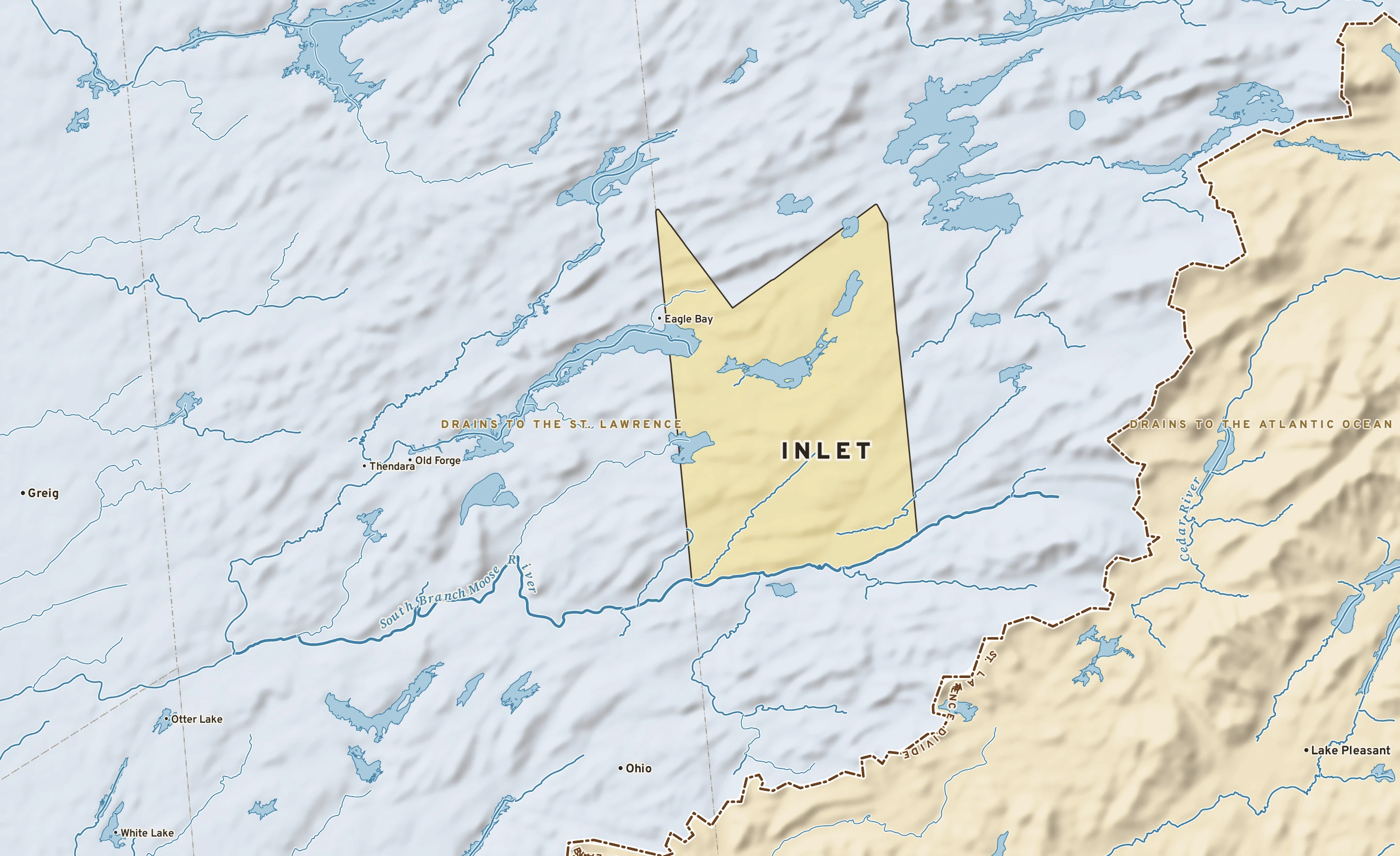 Shaded-relief atlas plate of Inlet, New York: rivers, roads, the city limits and where the water drains.