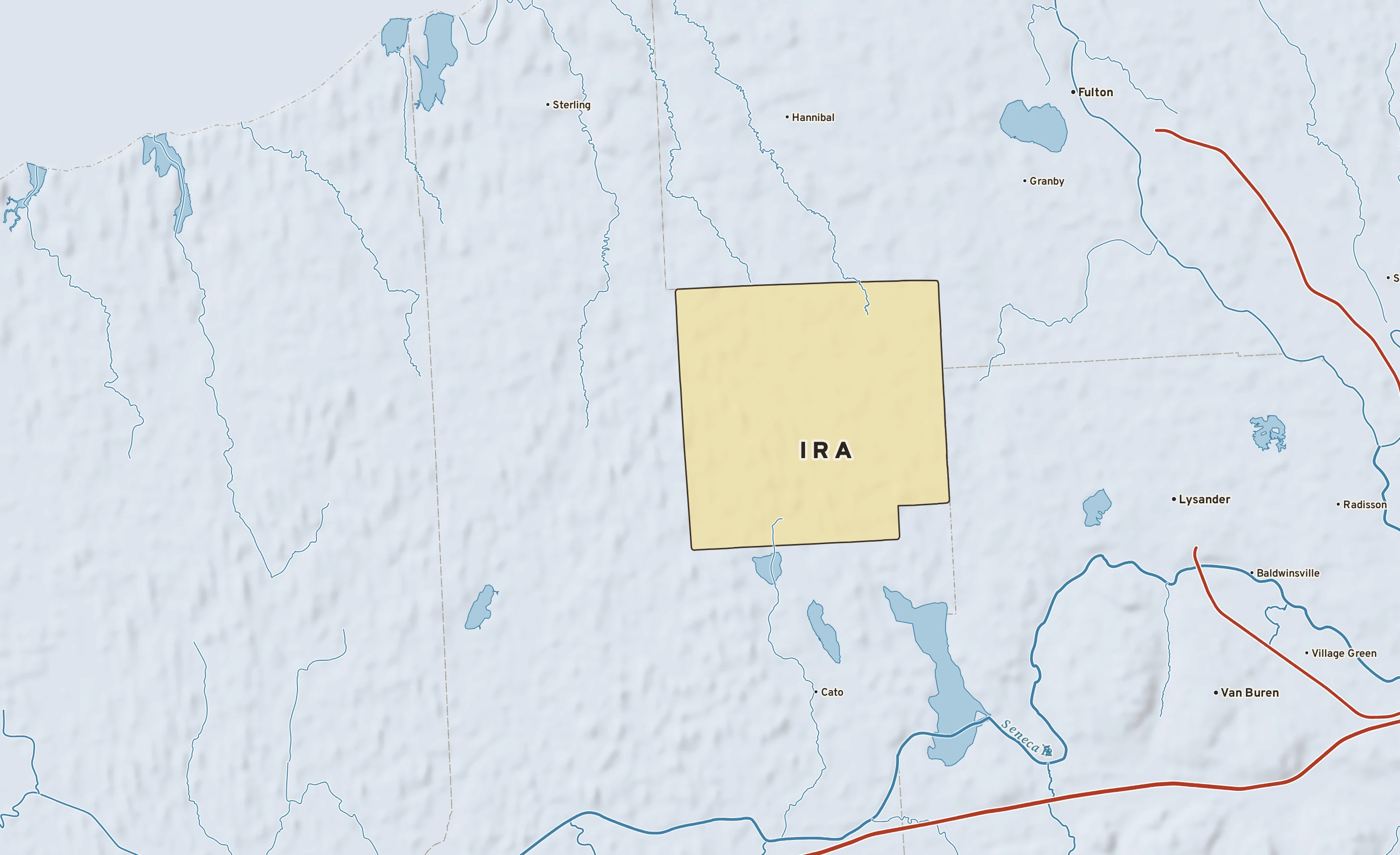 Shaded-relief atlas plate of Ira, New York: rivers, roads, the city limits and where the water drains.