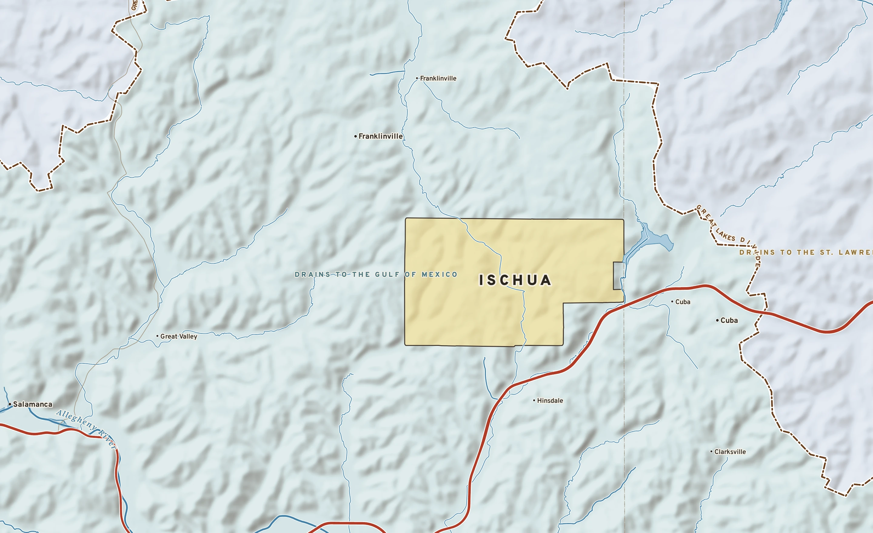 Shaded-relief atlas plate of Ischua, New York: rivers, roads, the city limits and where the water drains.