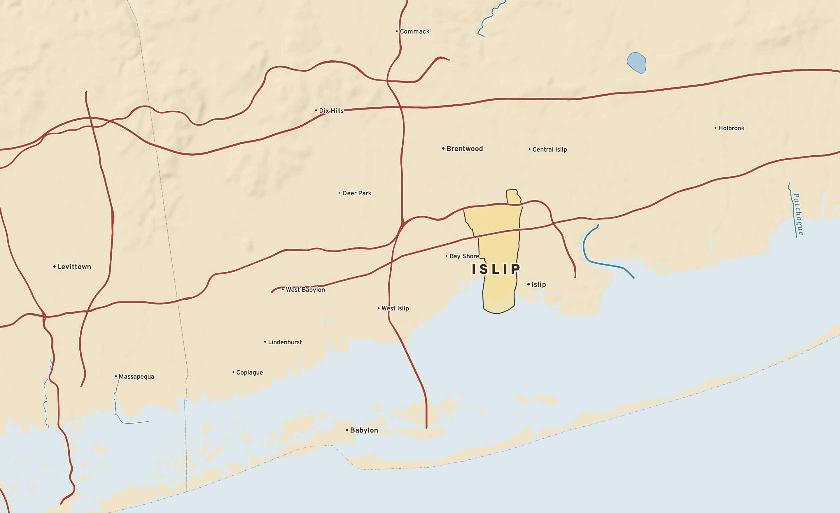 Shaded-relief atlas plate of Islip, New York: rivers, roads, the city limits and where the water drains.