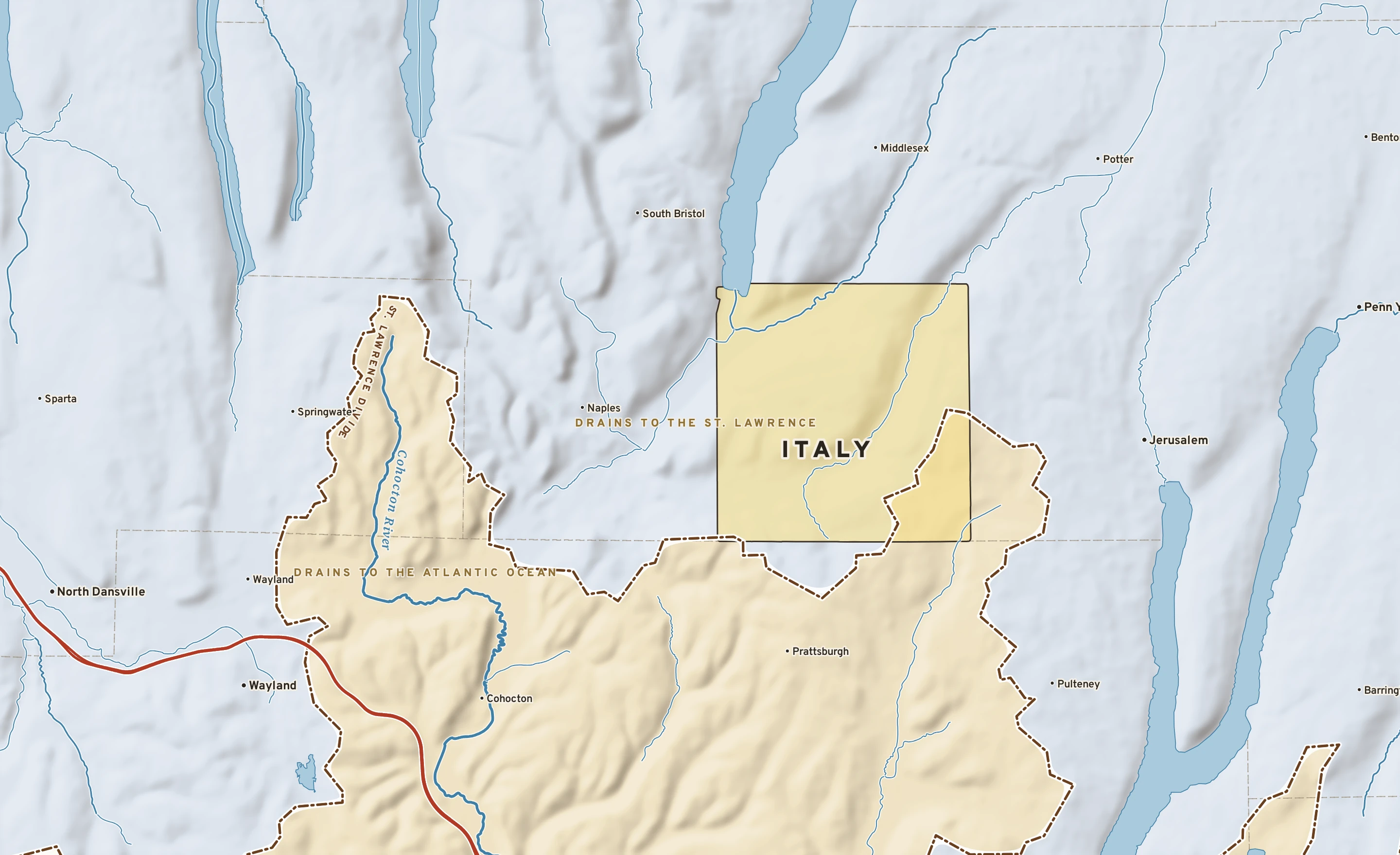 Shaded-relief atlas plate of Italy, New York: rivers, roads, the city limits and where the water drains.