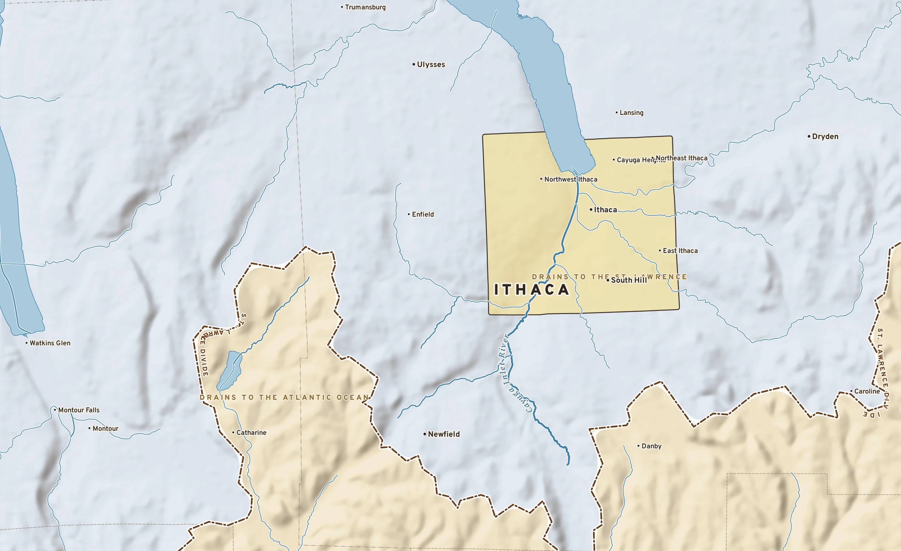 Shaded-relief atlas plate of Ithaca, New York: rivers, roads, the city limits and where the water drains.