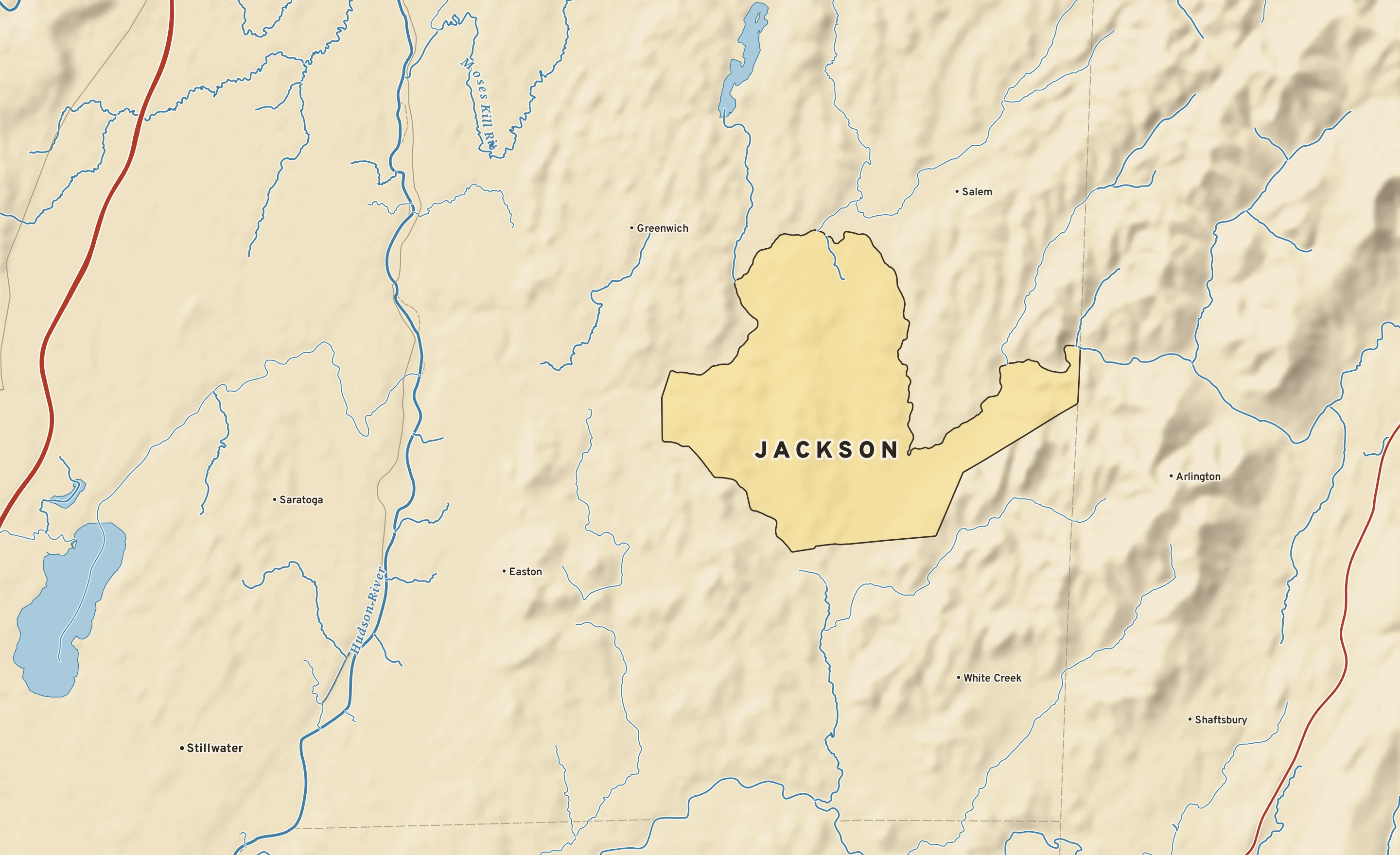 Shaded-relief atlas plate of Jackson, New York: rivers, roads, the city limits and where the water drains.