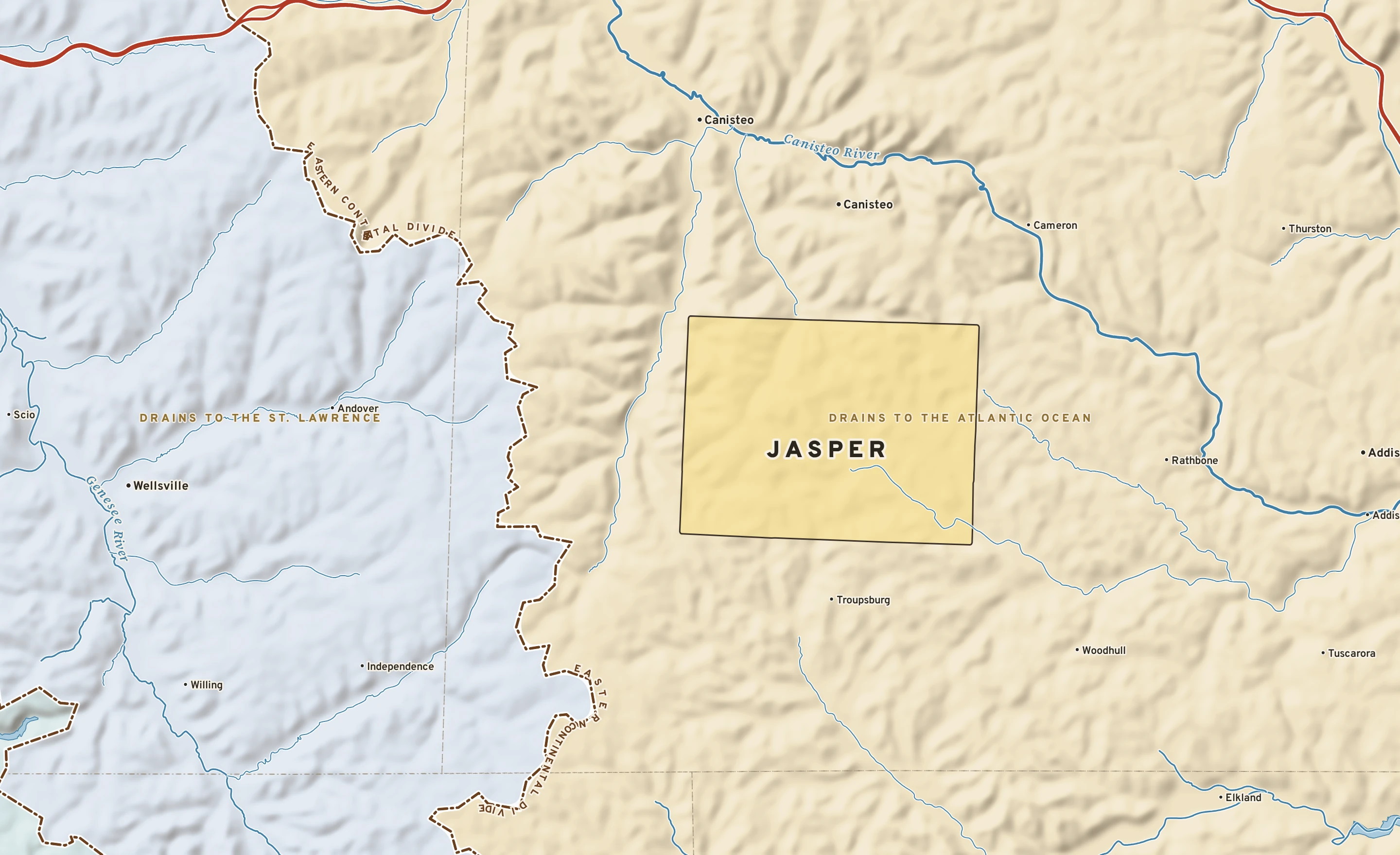 Shaded-relief atlas plate of Jasper, New York: rivers, roads, the city limits and where the water drains.