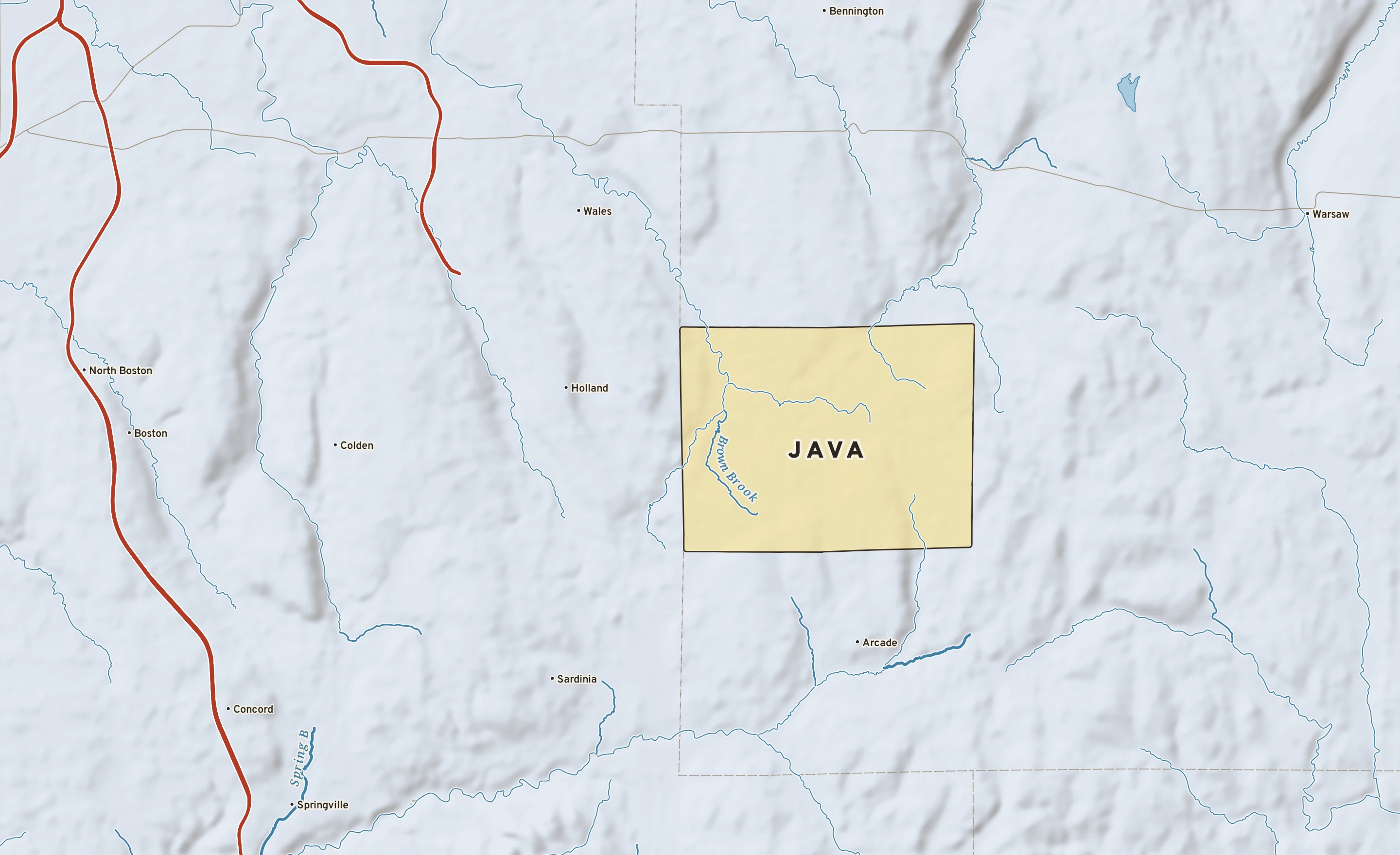 Shaded-relief atlas plate of Java, New York: rivers, roads, the city limits and where the water drains.