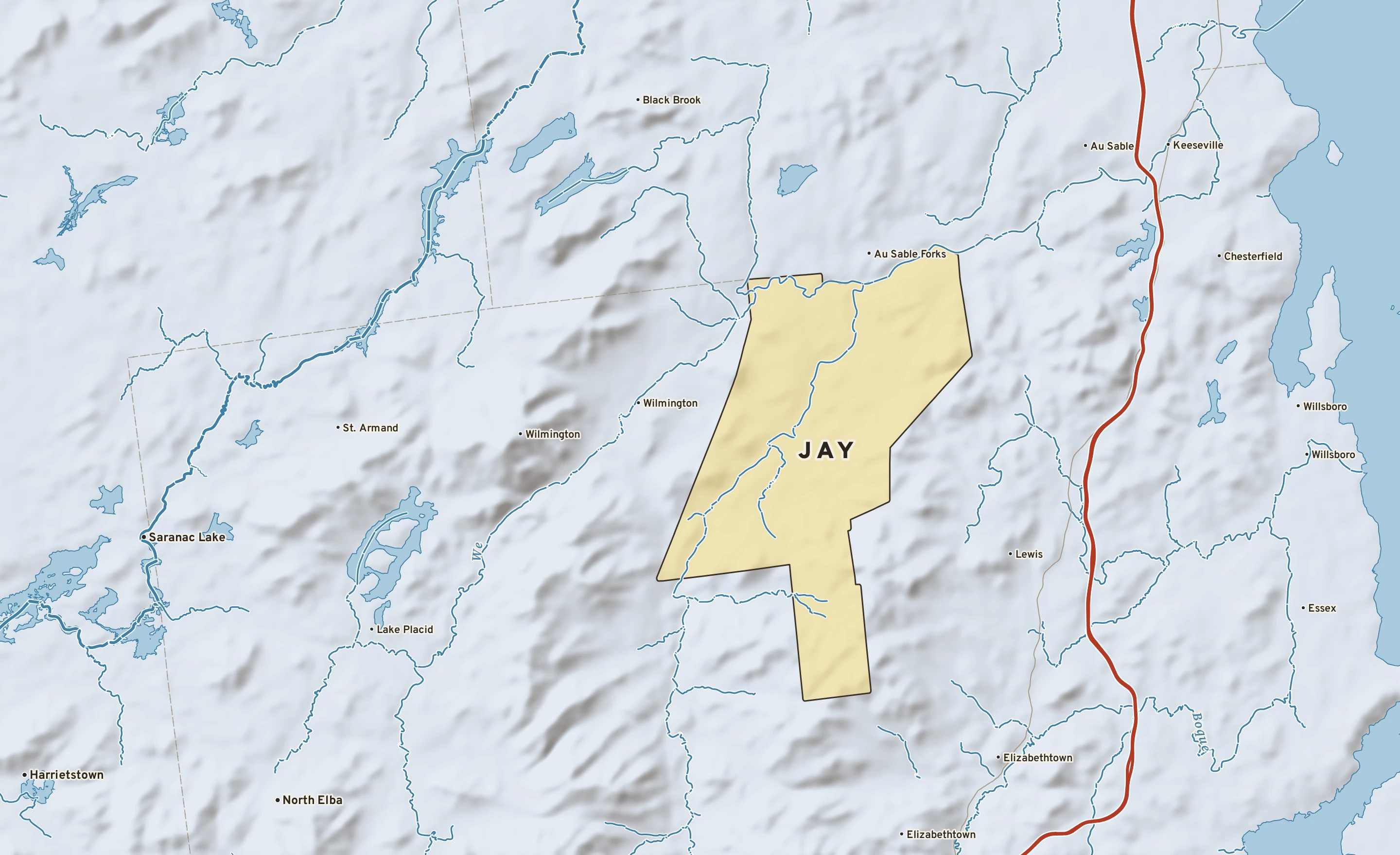 Shaded-relief atlas plate of Jay, New York: rivers, roads, the city limits and where the water drains.