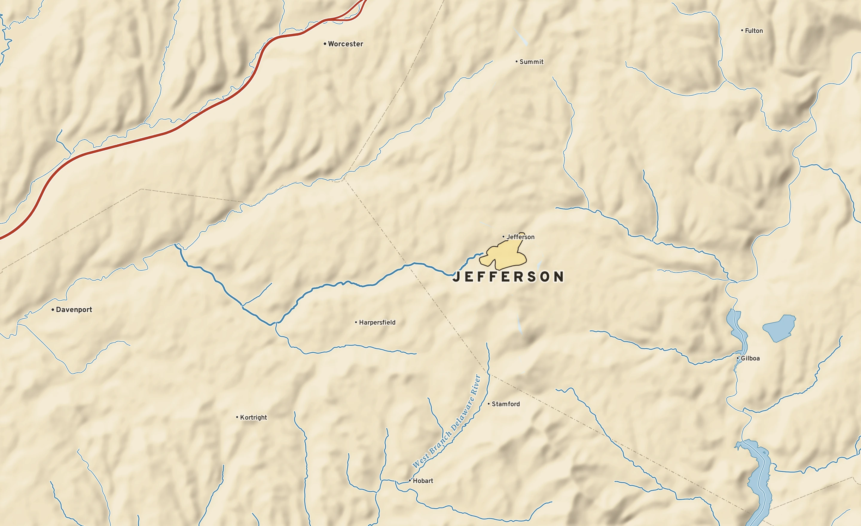 Shaded-relief atlas plate of Jefferson, New York: rivers, roads, the city limits and where the water drains.