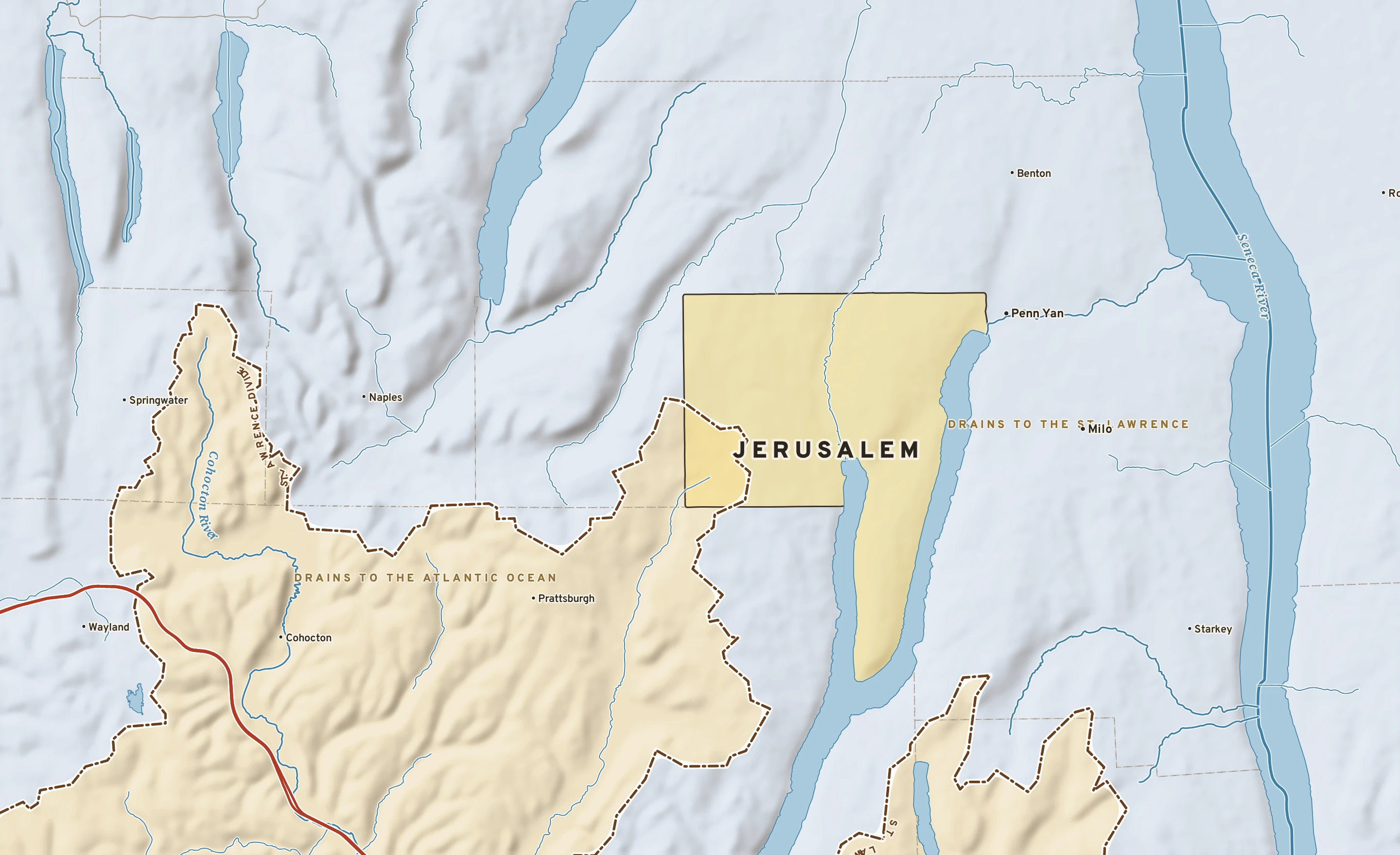Shaded-relief atlas plate of Jerusalem, New York: rivers, roads, the city limits and where the water drains.