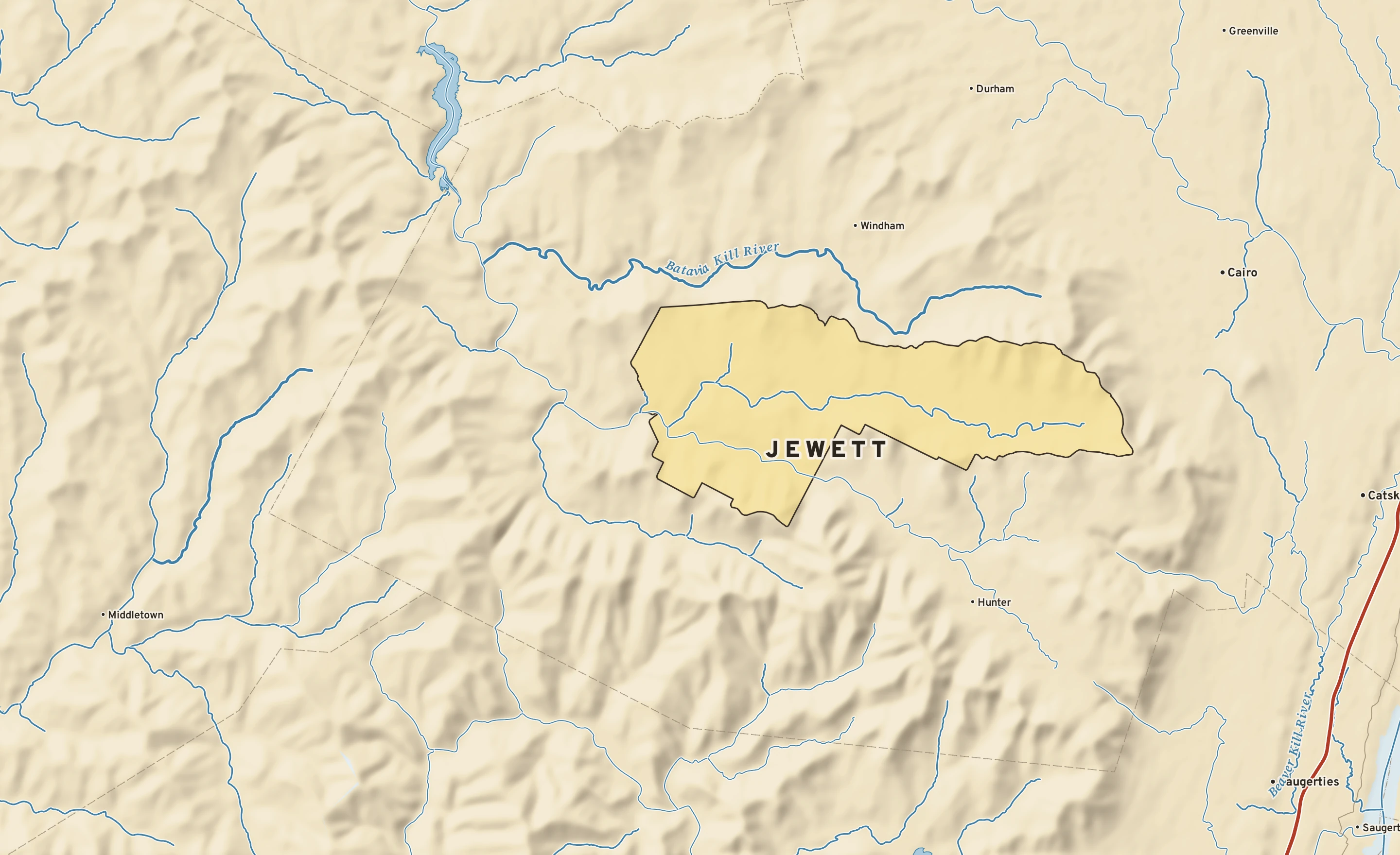 Shaded-relief atlas plate of Jewett, New York: rivers, roads, the city limits and where the water drains.