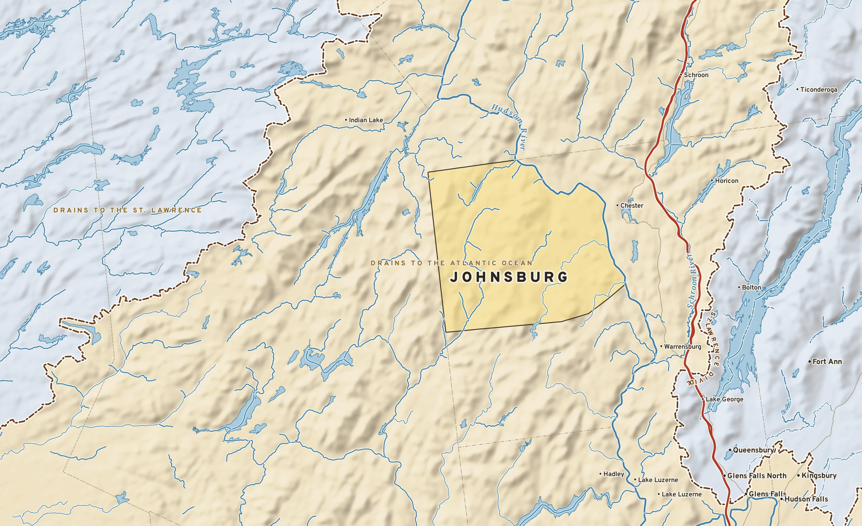 Shaded-relief atlas plate of Johnsburg, New York: rivers, roads, the city limits and where the water drains.