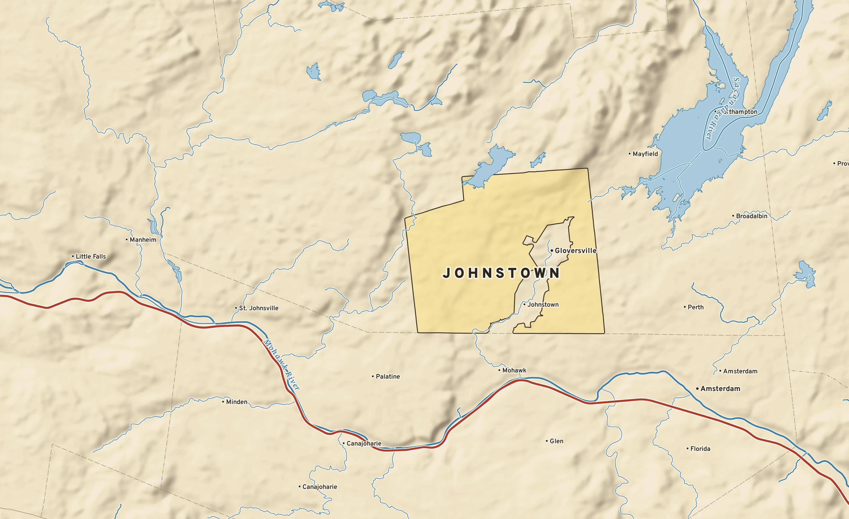 Shaded-relief atlas plate of Johnstown, New York: rivers, roads, the city limits and where the water drains.