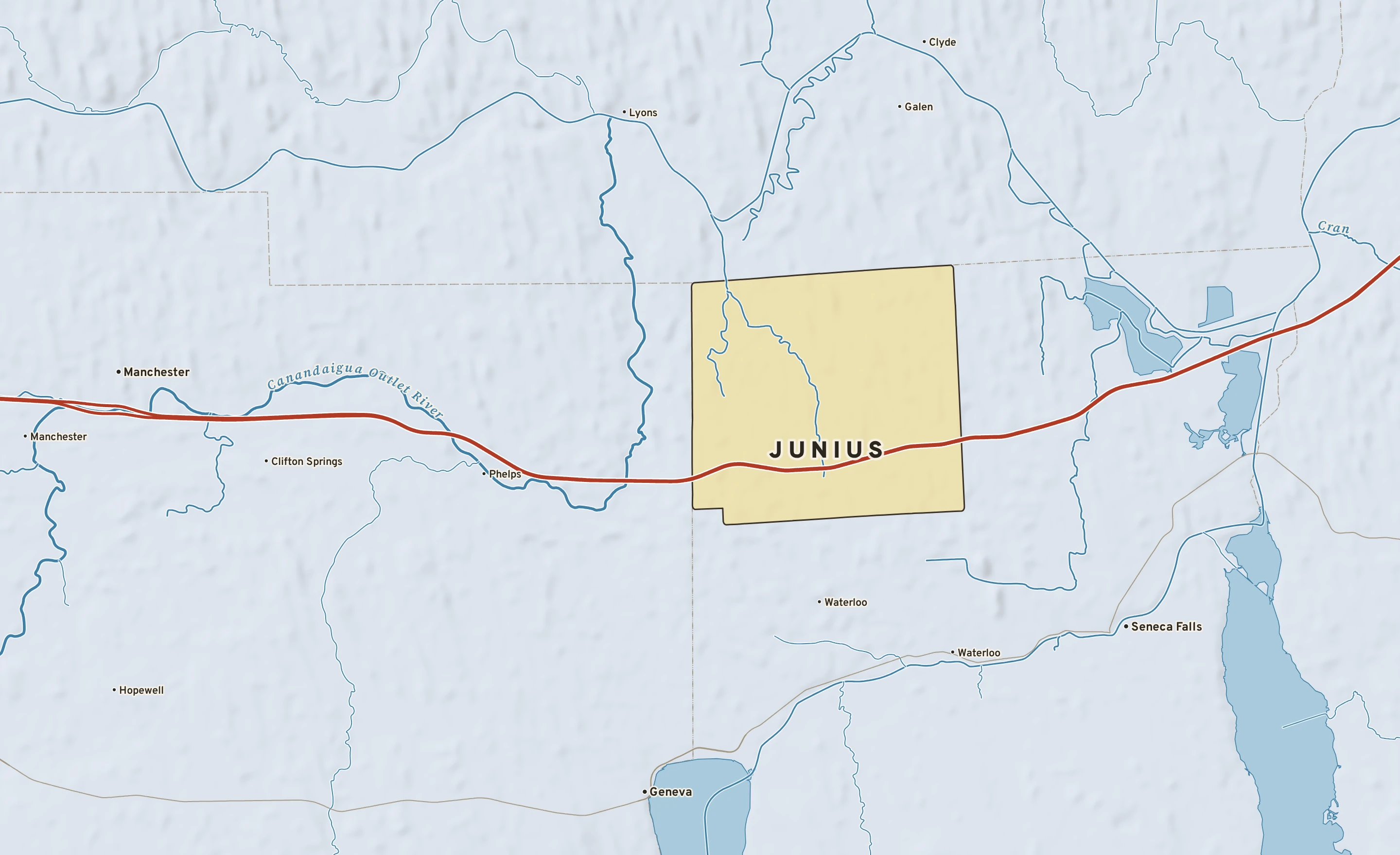 Shaded-relief atlas plate of Junius, New York: rivers, roads, the city limits and where the water drains.
