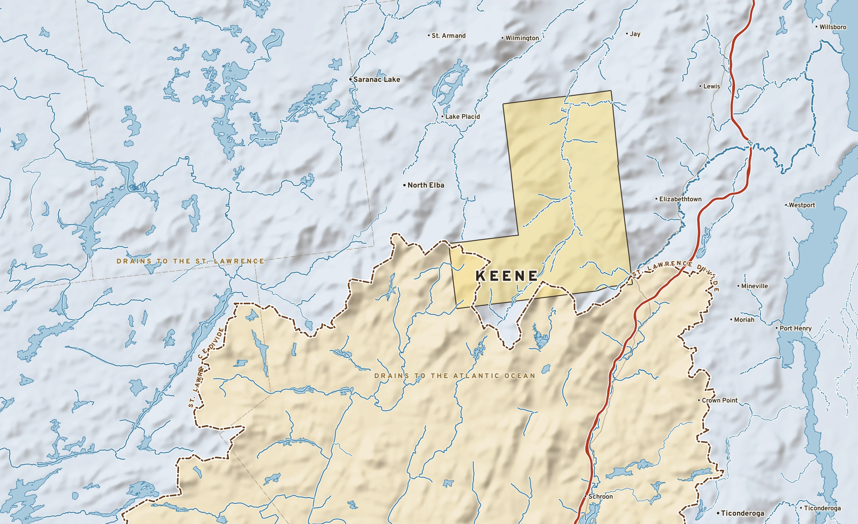 Shaded-relief atlas plate of Keene, New York: rivers, roads, the city limits and where the water drains.