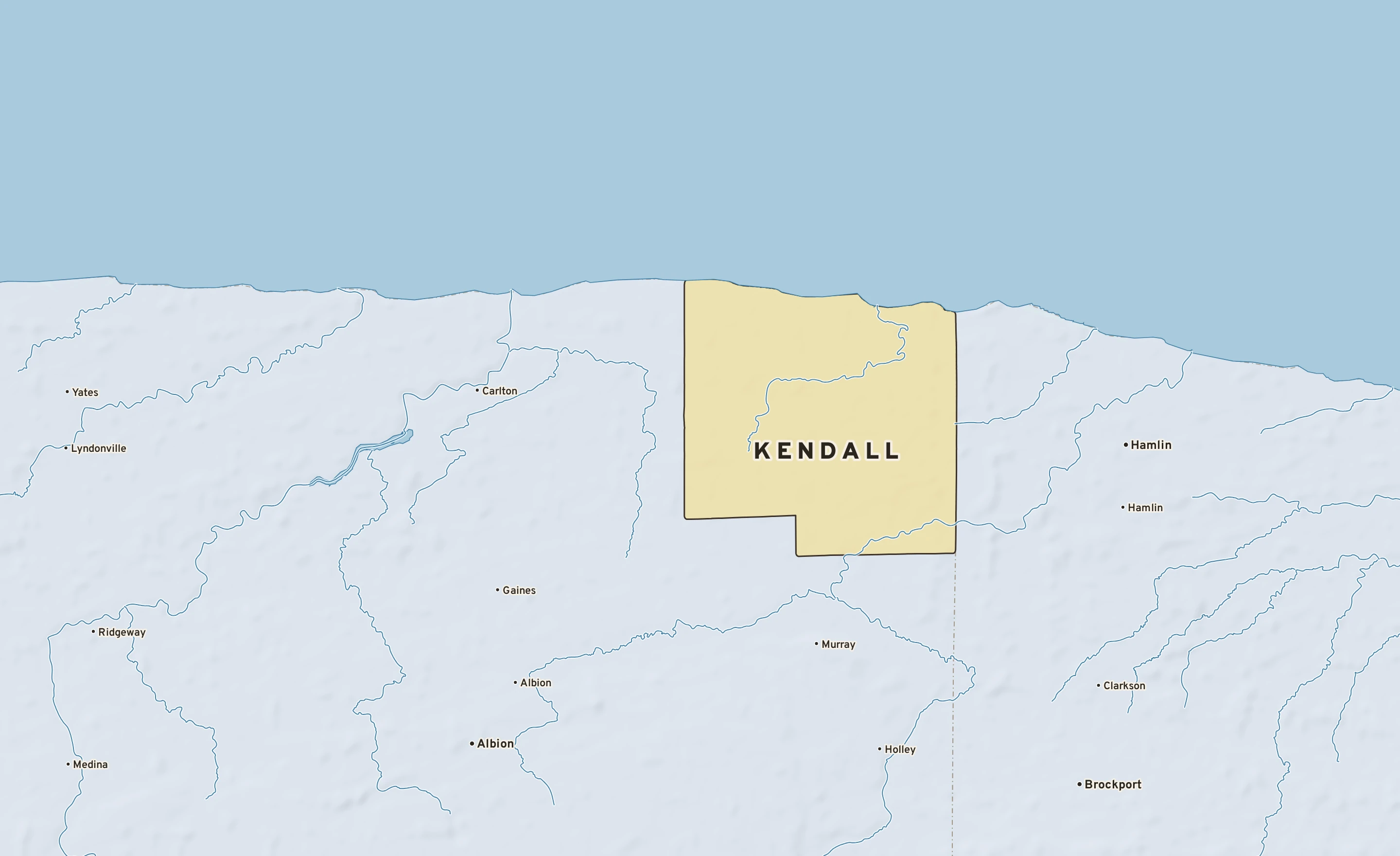 Shaded-relief atlas plate of Kendall, New York: rivers, roads, the city limits and where the water drains.