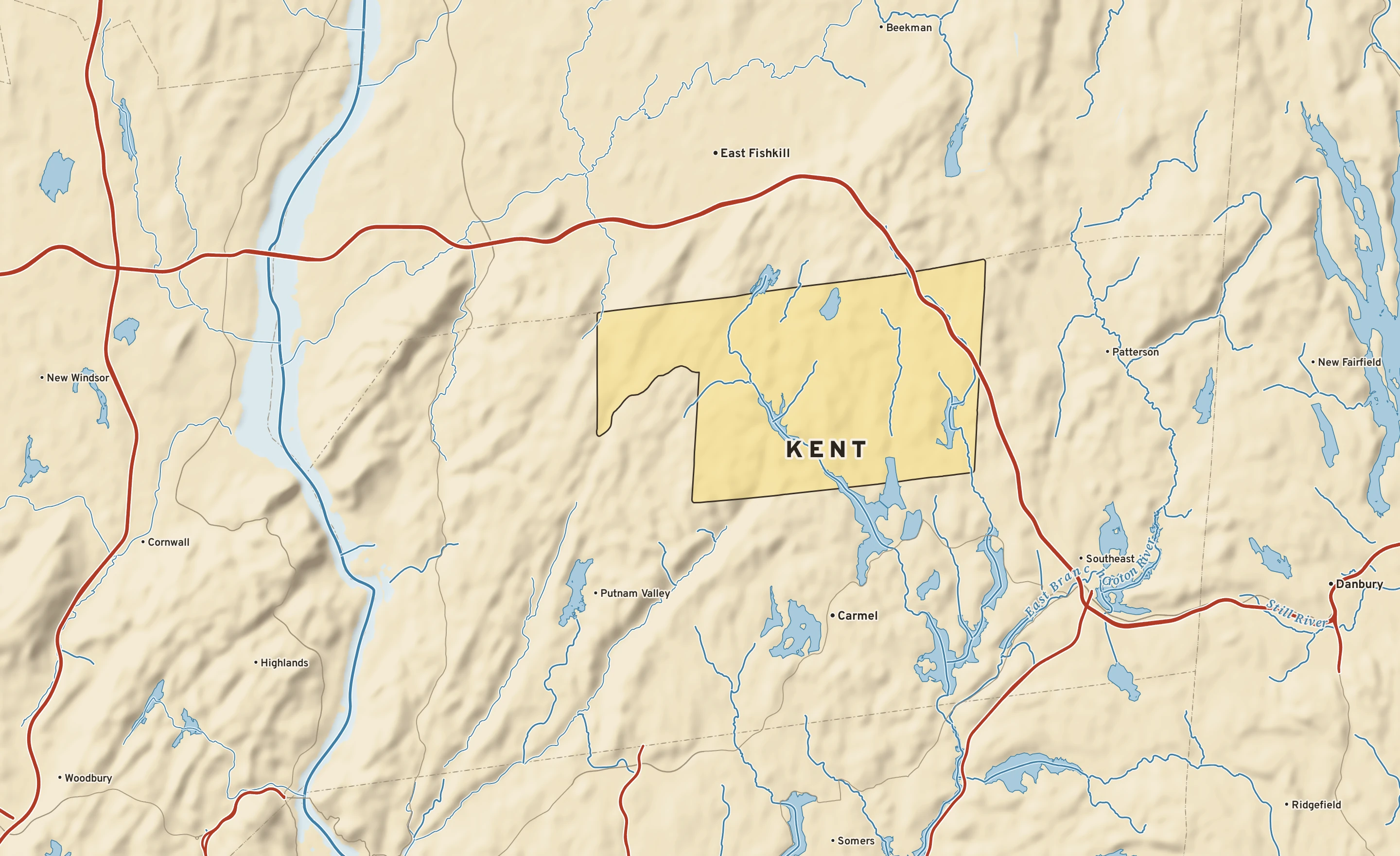 Shaded-relief atlas plate of Kent, New York: rivers, roads, the city limits and where the water drains.