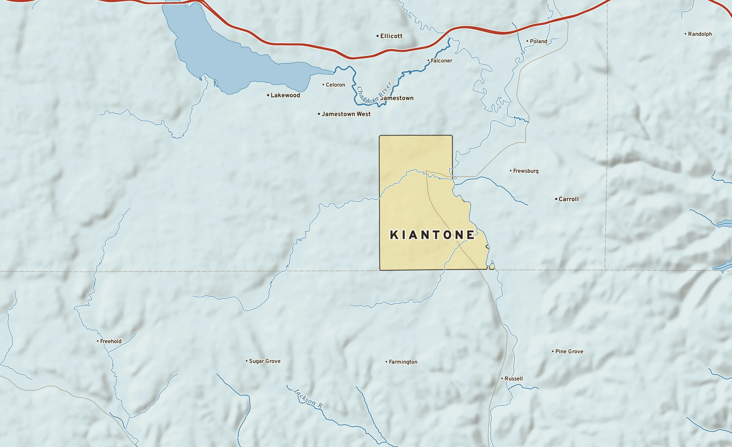 Shaded-relief atlas plate of Kiantone, New York: rivers, roads, the city limits and where the water drains.