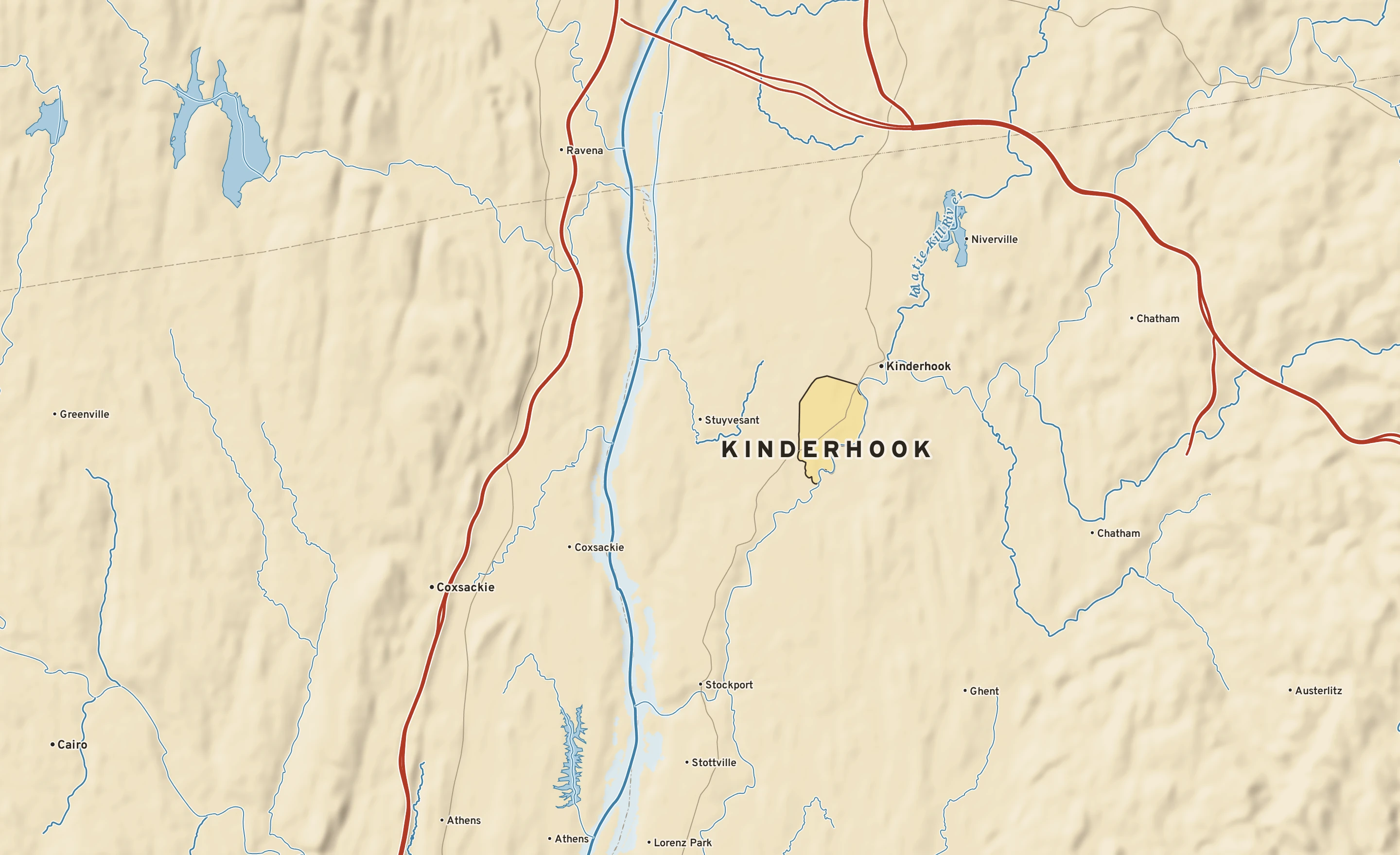 Shaded-relief atlas plate of Kinderhook, New York: rivers, roads, the city limits and where the water drains.