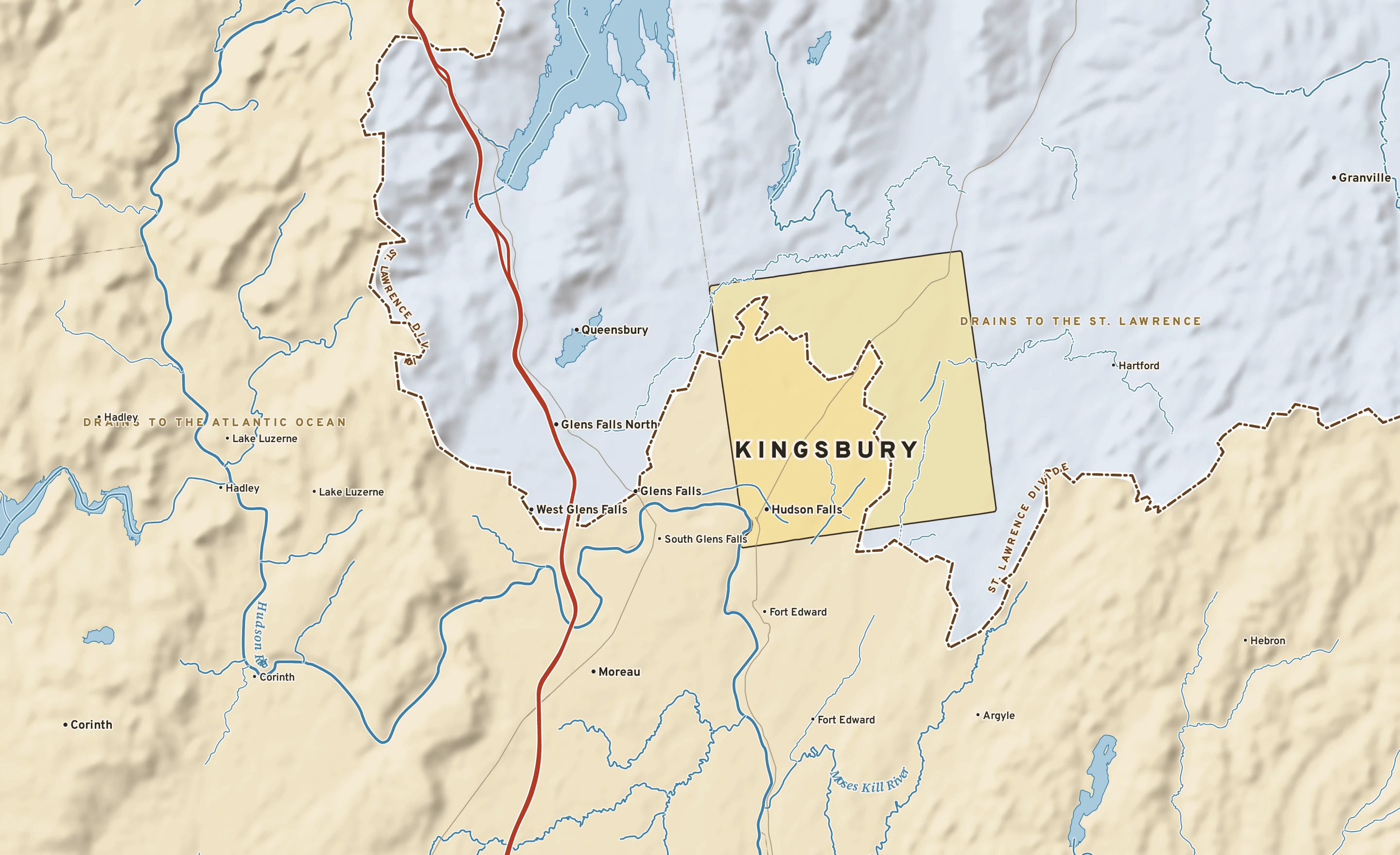 Shaded-relief atlas plate of Kingsbury, New York: rivers, roads, the city limits and where the water drains.