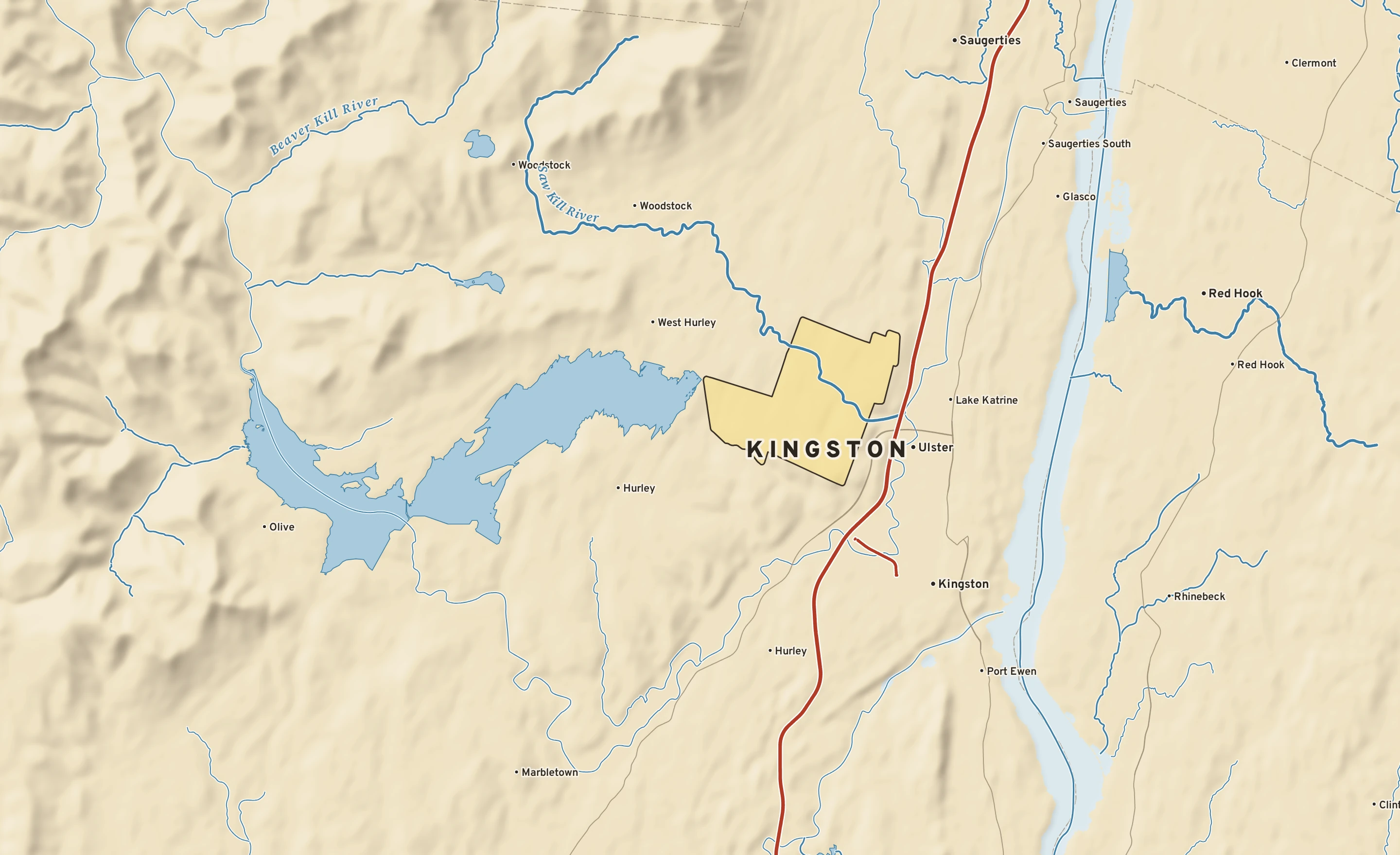 Shaded-relief atlas plate of Kingston, New York: rivers, roads, the city limits and where the water drains.