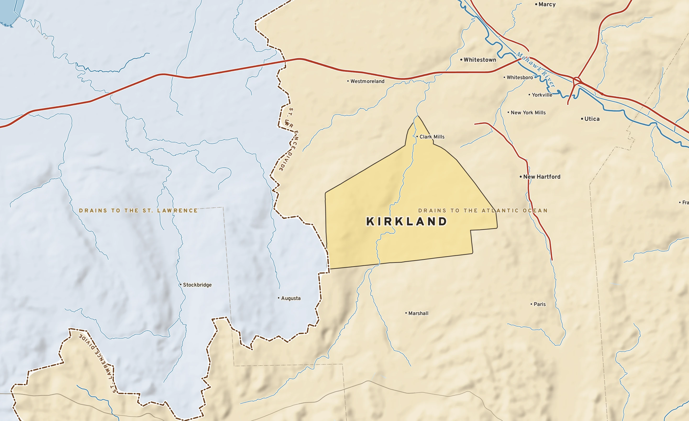 Shaded-relief atlas plate of Kirkland, New York: rivers, roads, the city limits and where the water drains.