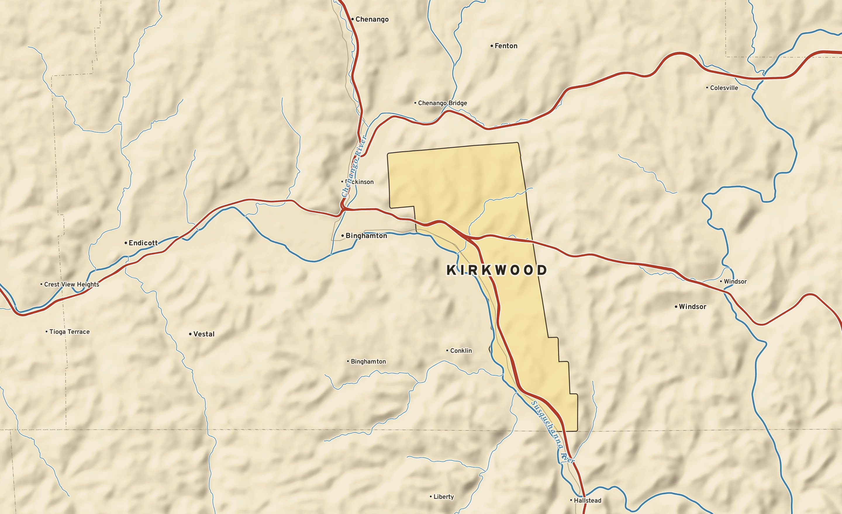 Shaded-relief atlas plate of Kirkwood, New York: rivers, roads, the city limits and where the water drains.