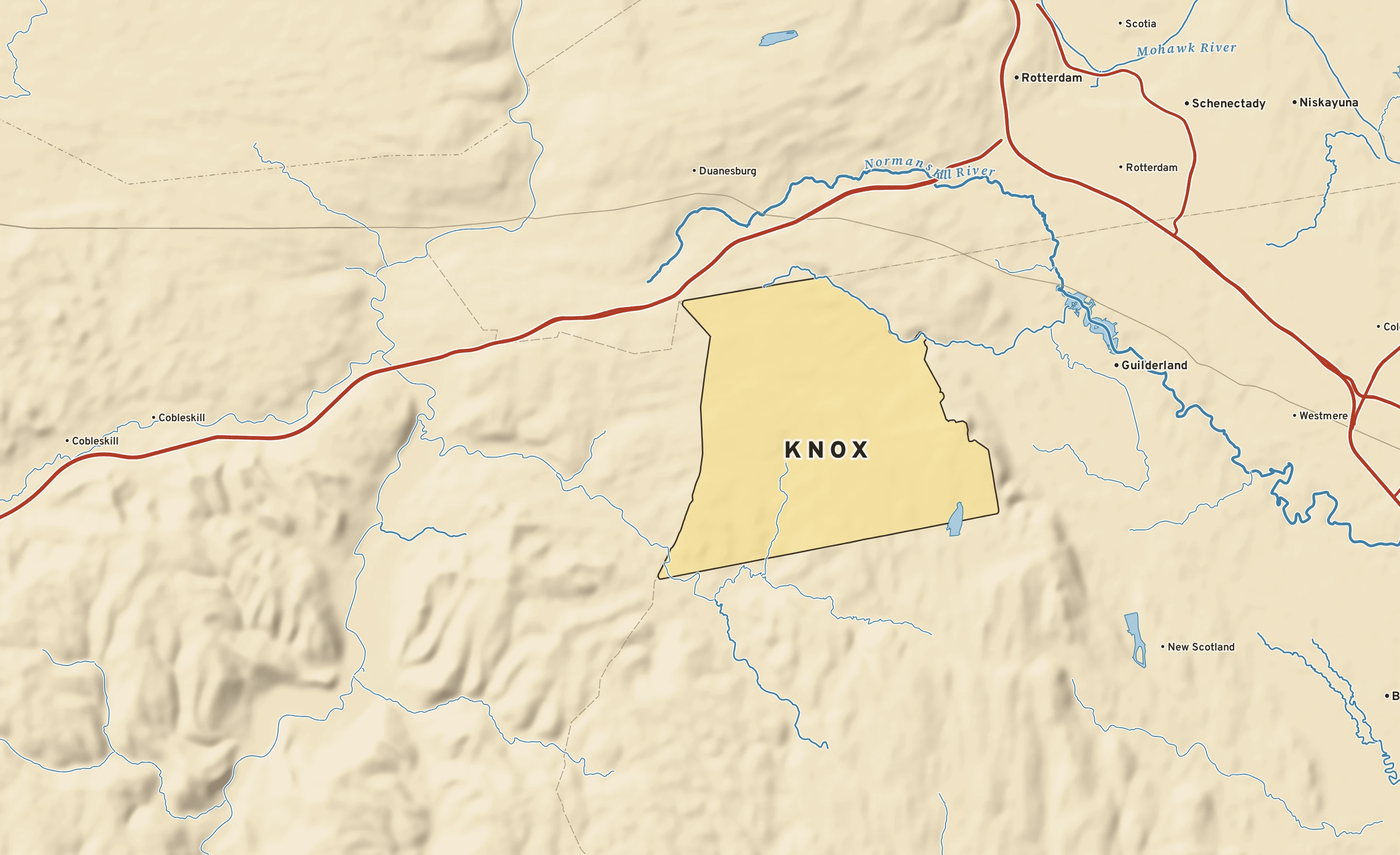 Shaded-relief atlas plate of Knox, New York: rivers, roads, the city limits and where the water drains.