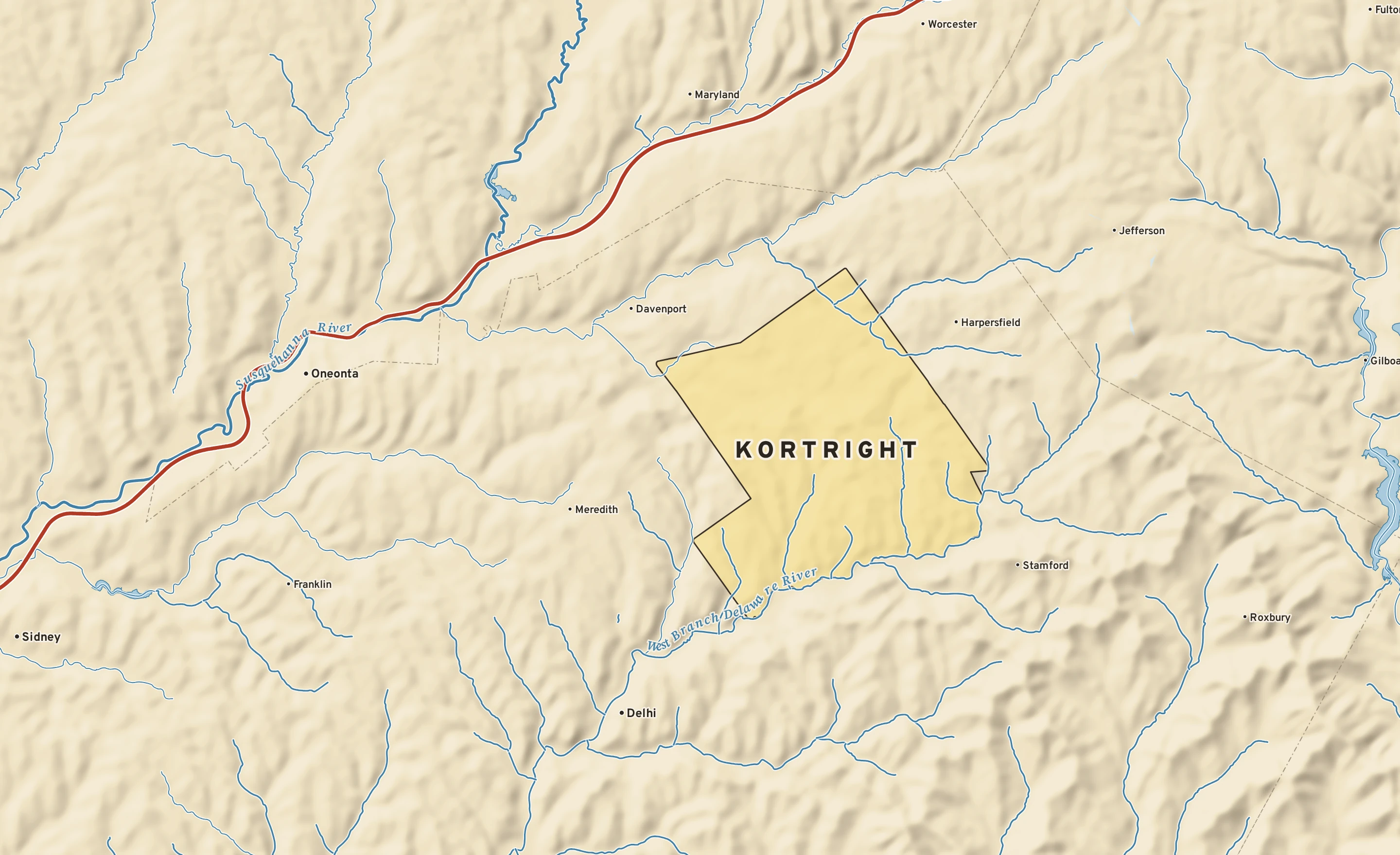 Shaded-relief atlas plate of Kortright, New York: rivers, roads, the city limits and where the water drains.