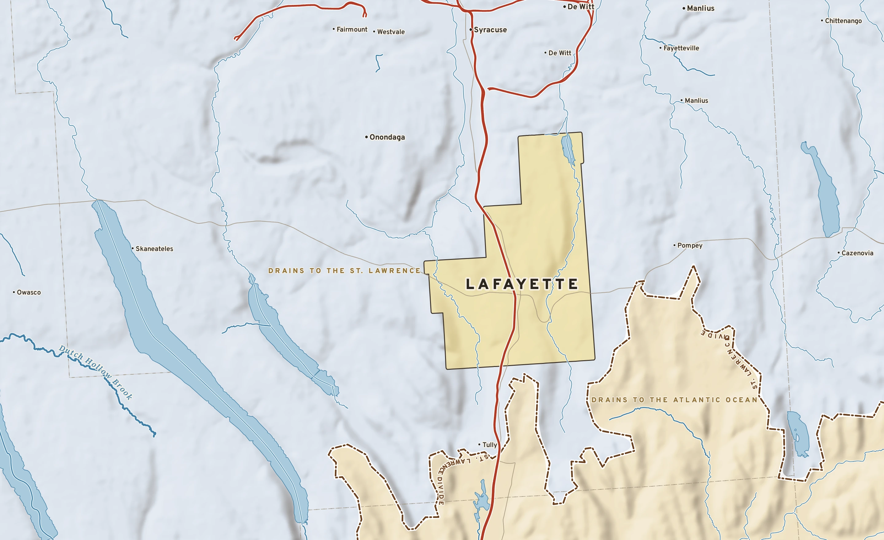 Shaded-relief atlas plate of LaFayette, New York: rivers, roads, the city limits and where the water drains.
