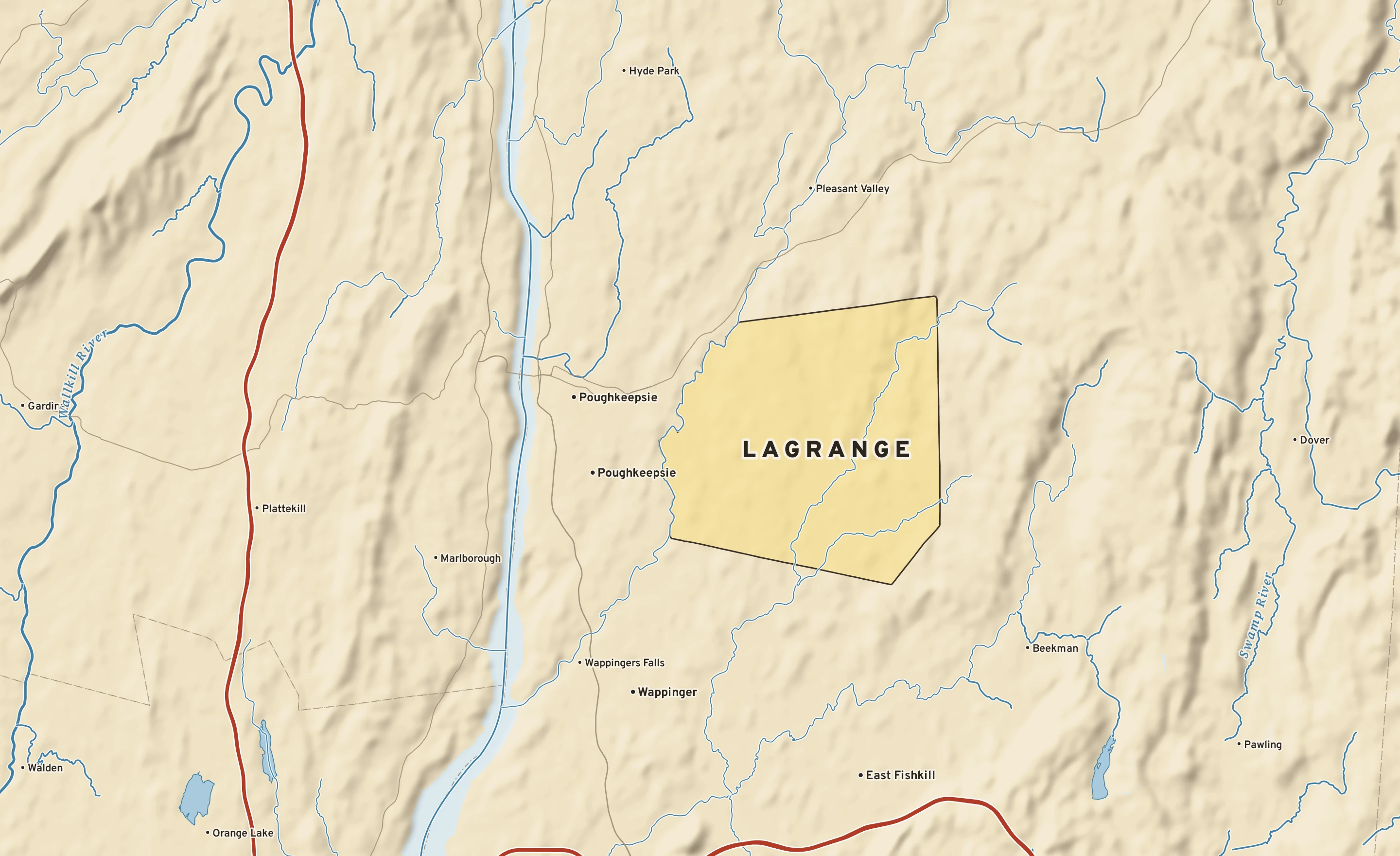 Shaded-relief atlas plate of LaGrange, New York: rivers, roads, the city limits and where the water drains.
