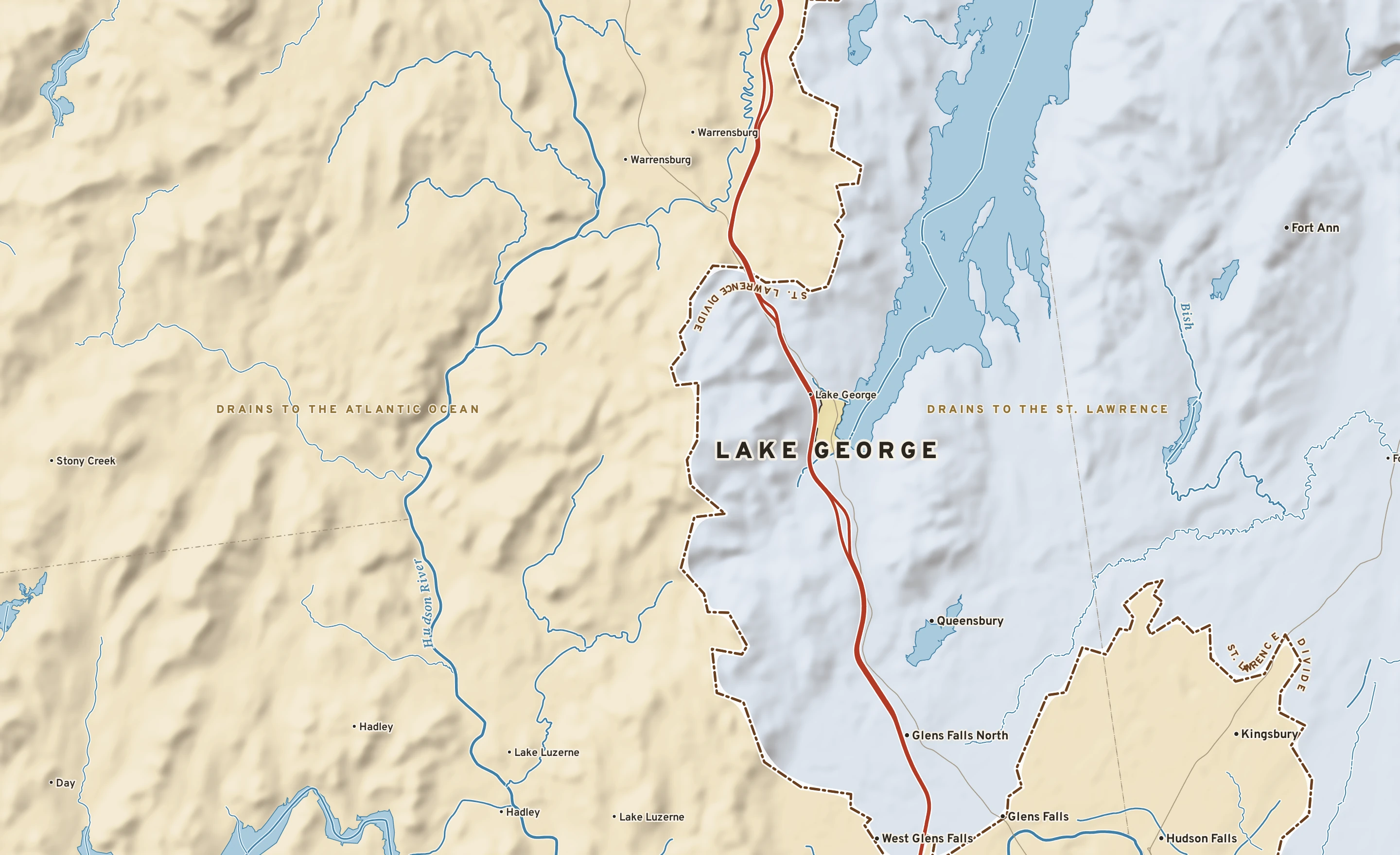 Shaded-relief atlas plate of Lake George, New York: rivers, roads, the city limits and where the water drains.
