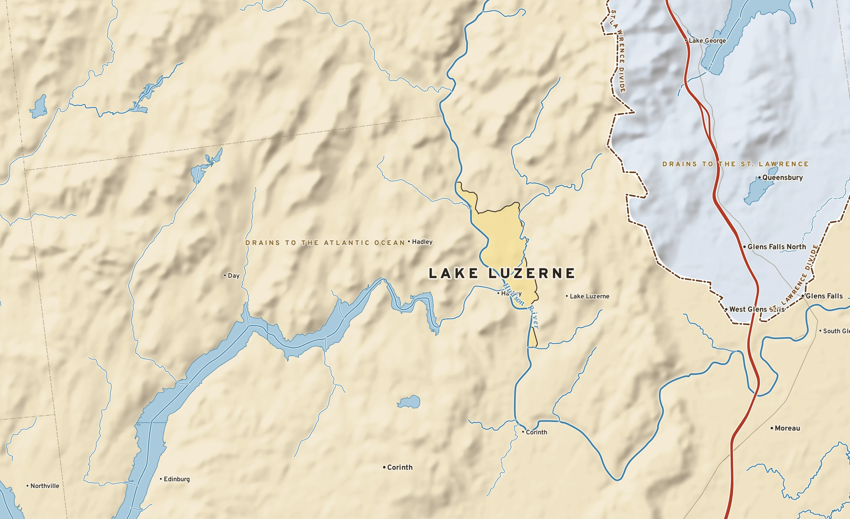 Shaded-relief atlas plate of Lake Luzerne, New York: rivers, roads, the city limits and where the water drains.