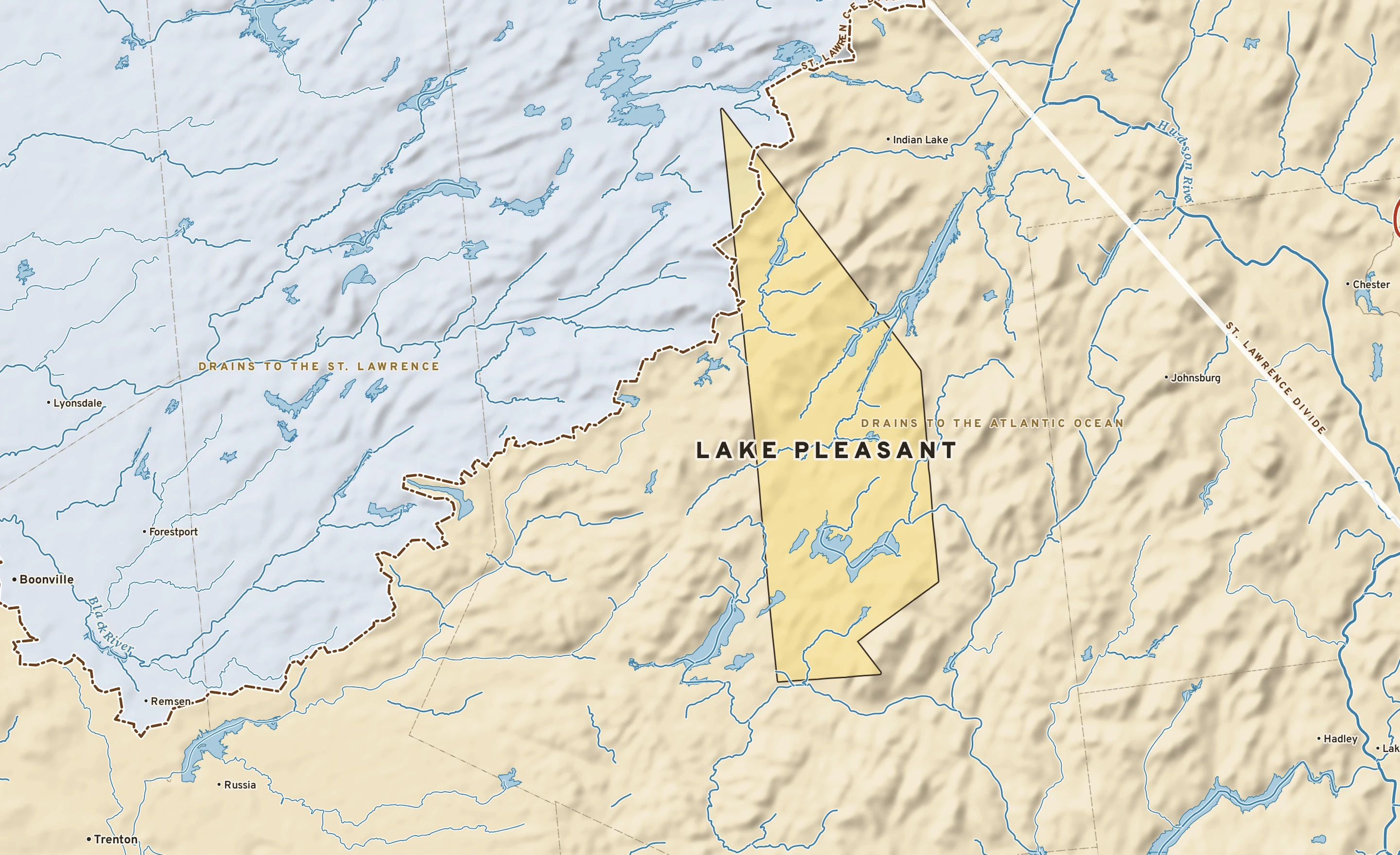 Shaded-relief atlas plate of Lake Pleasant, New York: rivers, roads, the city limits and where the water drains.