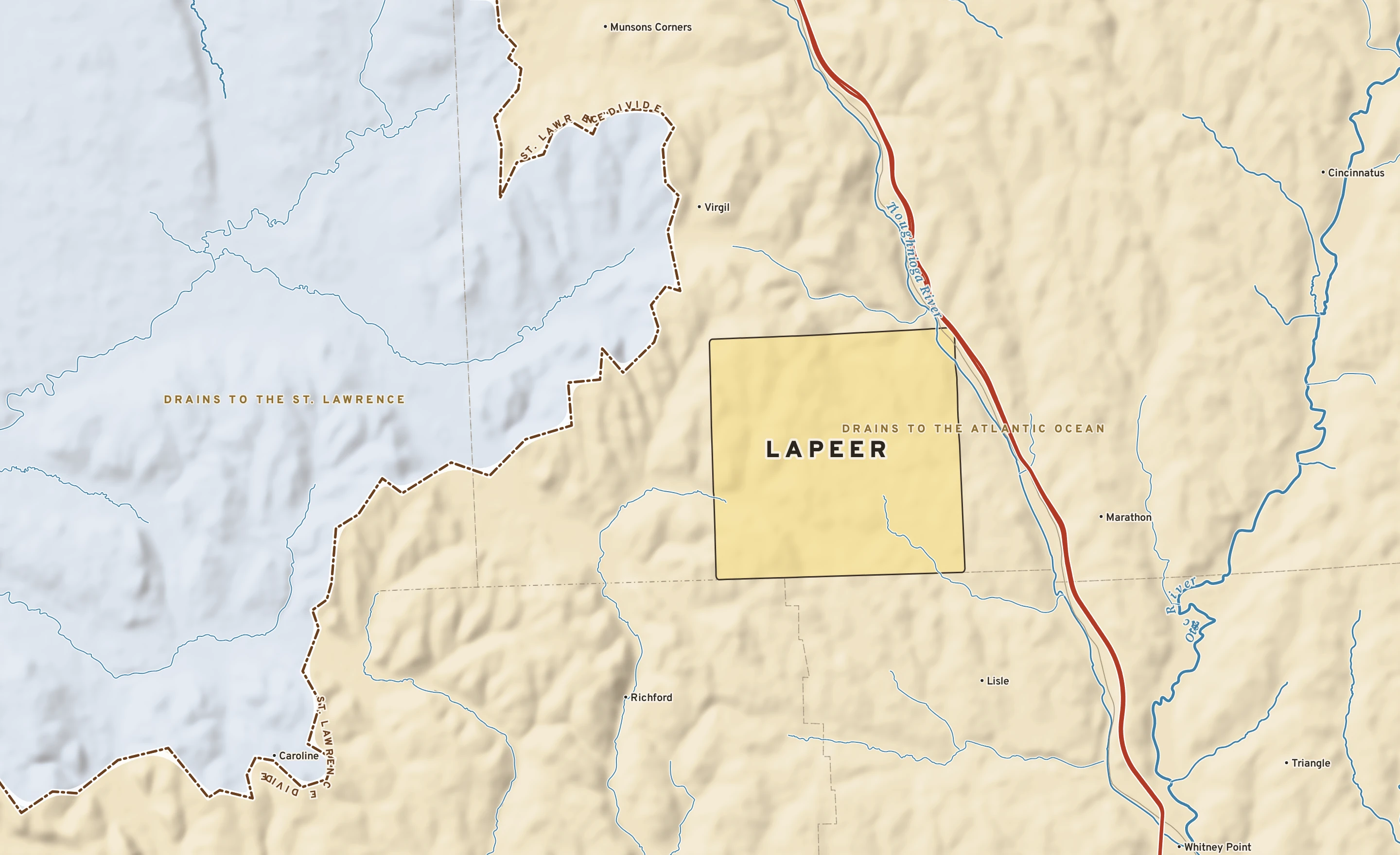 Shaded-relief atlas plate of Lapeer, New York: rivers, roads, the city limits and where the water drains.