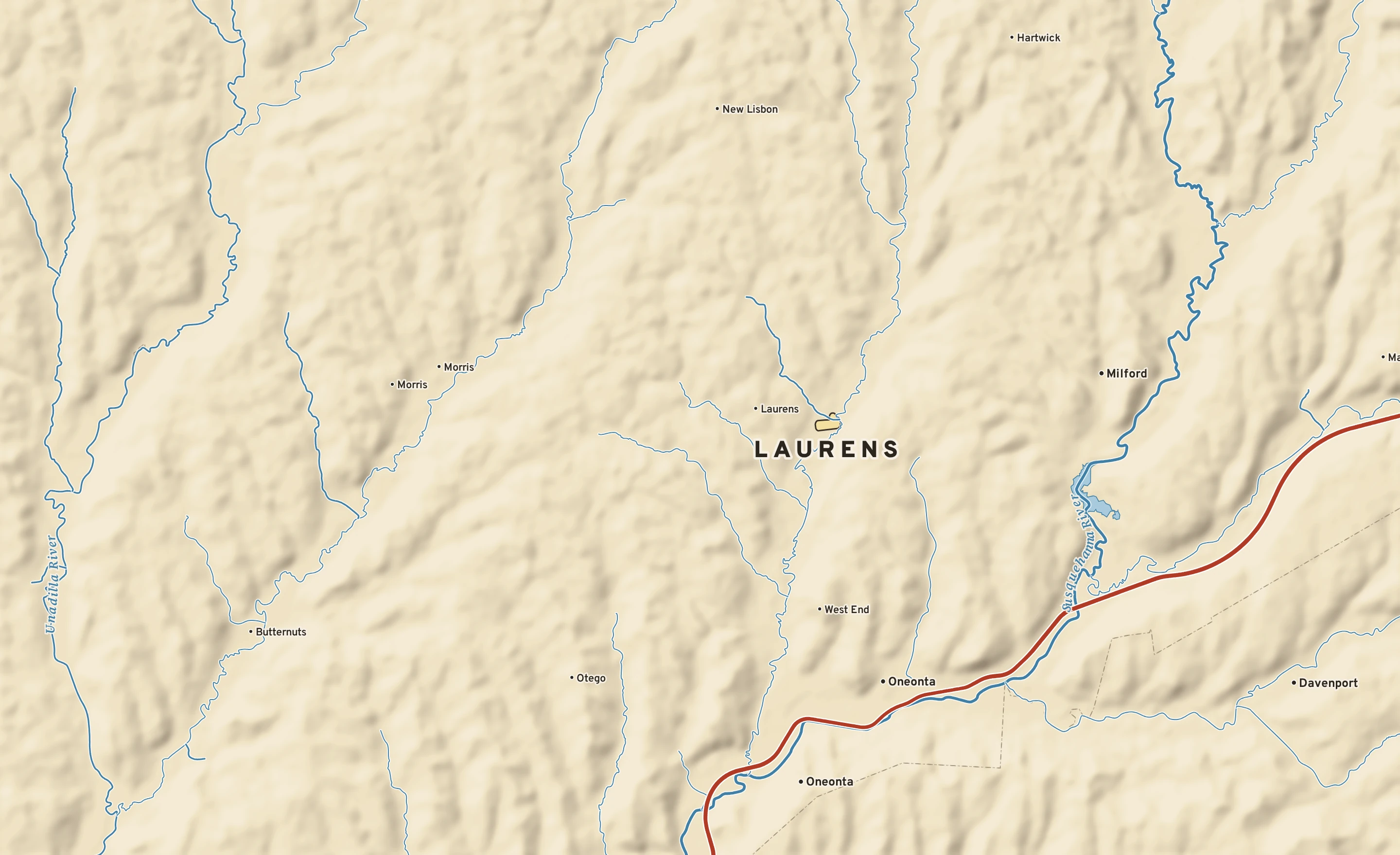 Shaded-relief atlas plate of Laurens, New York: rivers, roads, the city limits and where the water drains.