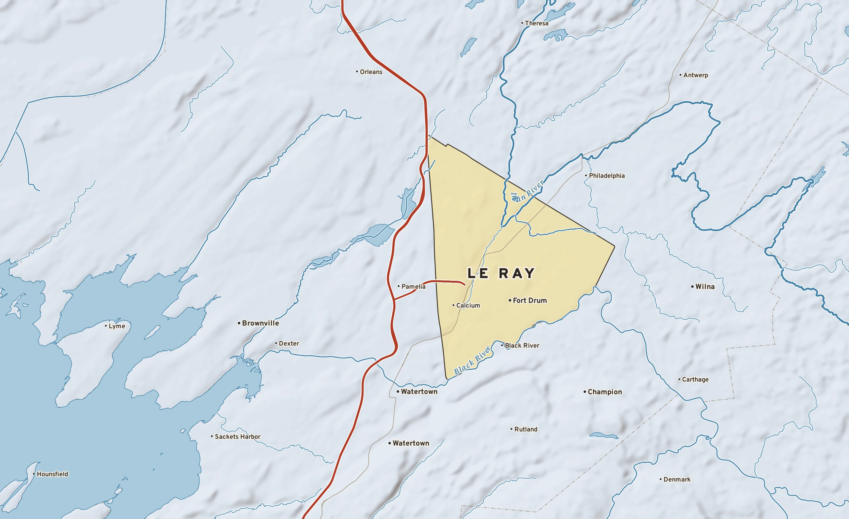 Shaded-relief atlas plate of Le Ray, New York: rivers, roads, the city limits and where the water drains.