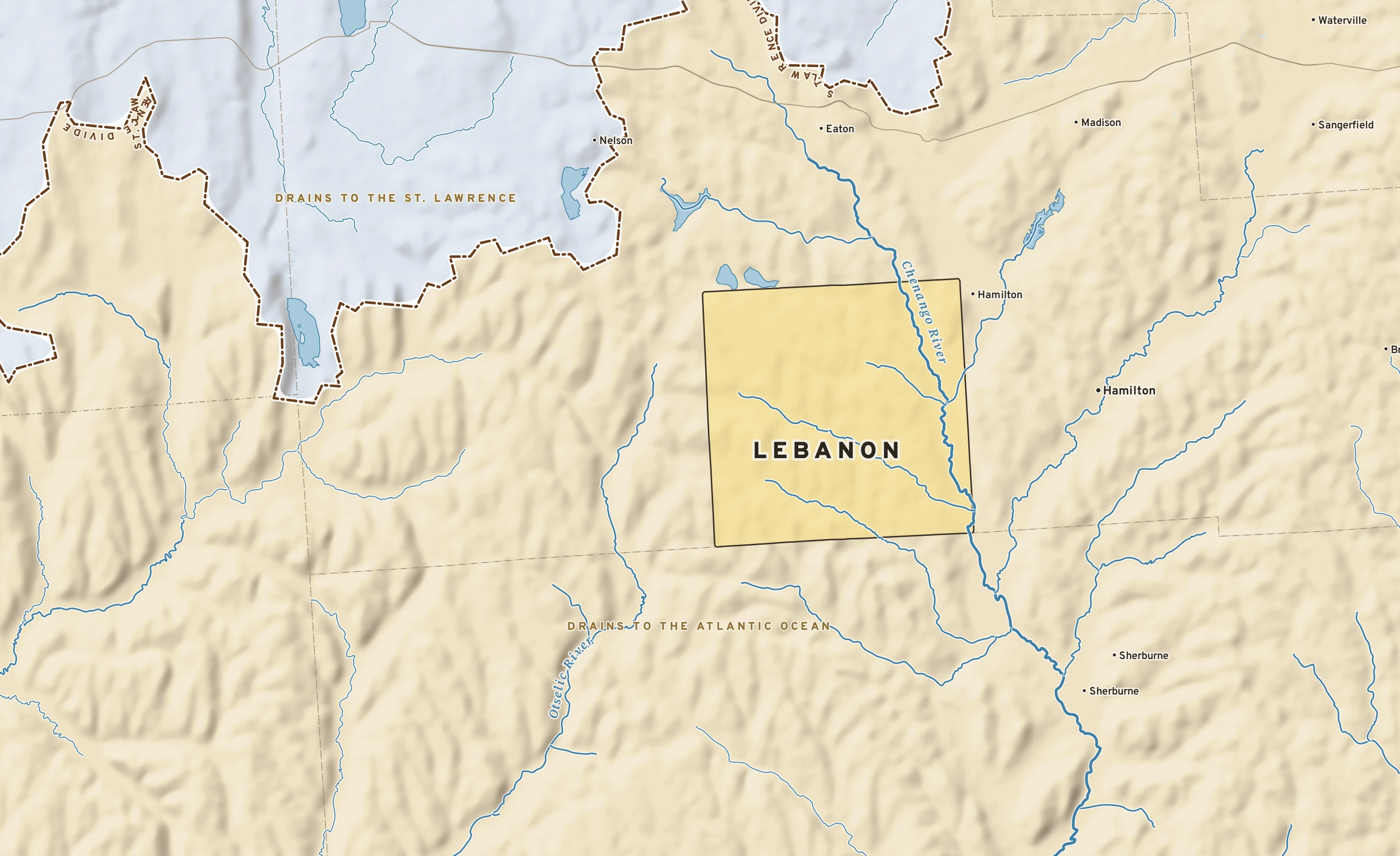 Shaded-relief atlas plate of Lebanon, New York: rivers, roads, the city limits and where the water drains.