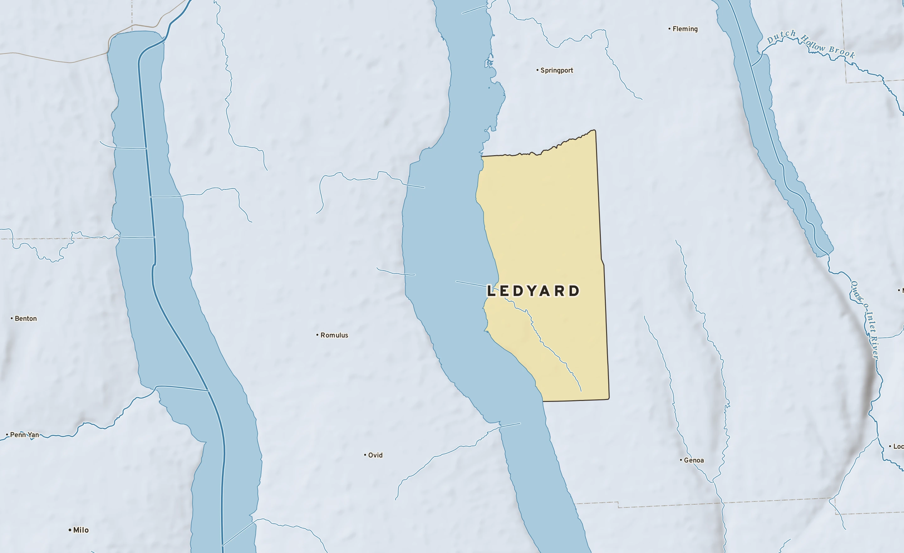 Shaded-relief atlas plate of Ledyard, New York: rivers, roads, the city limits and where the water drains.