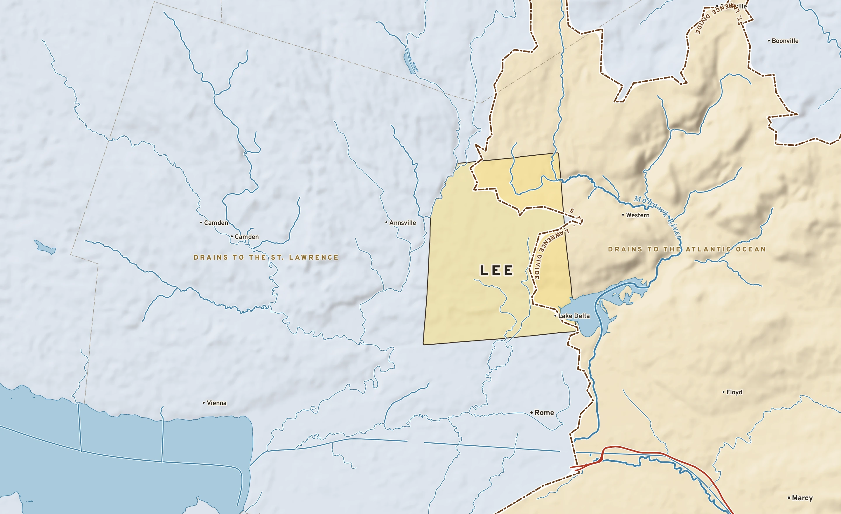 Shaded-relief atlas plate of Lee, New York: rivers, roads, the city limits and where the water drains.