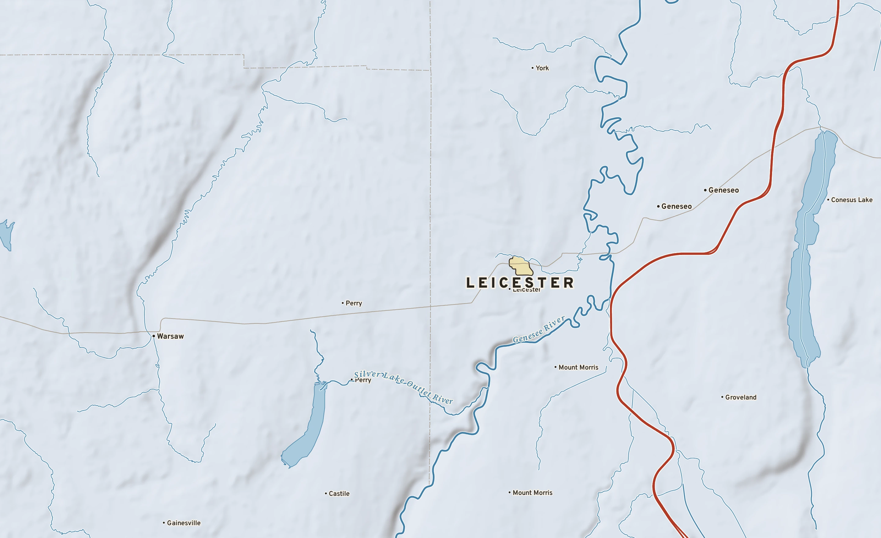 Shaded-relief atlas plate of Leicester, New York: rivers, roads, the city limits and where the water drains.