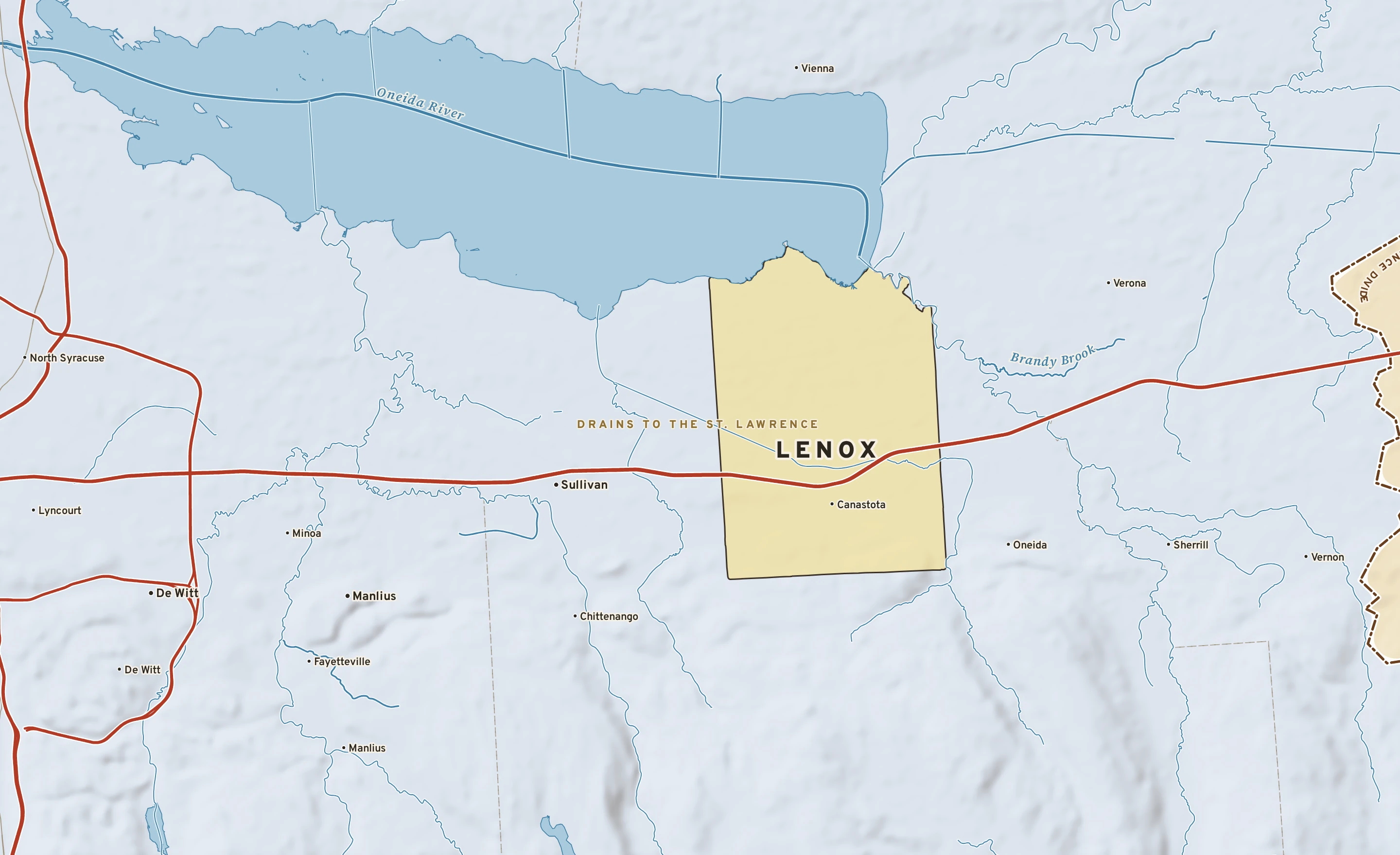Shaded-relief atlas plate of Lenox, New York: rivers, roads, the city limits and where the water drains.