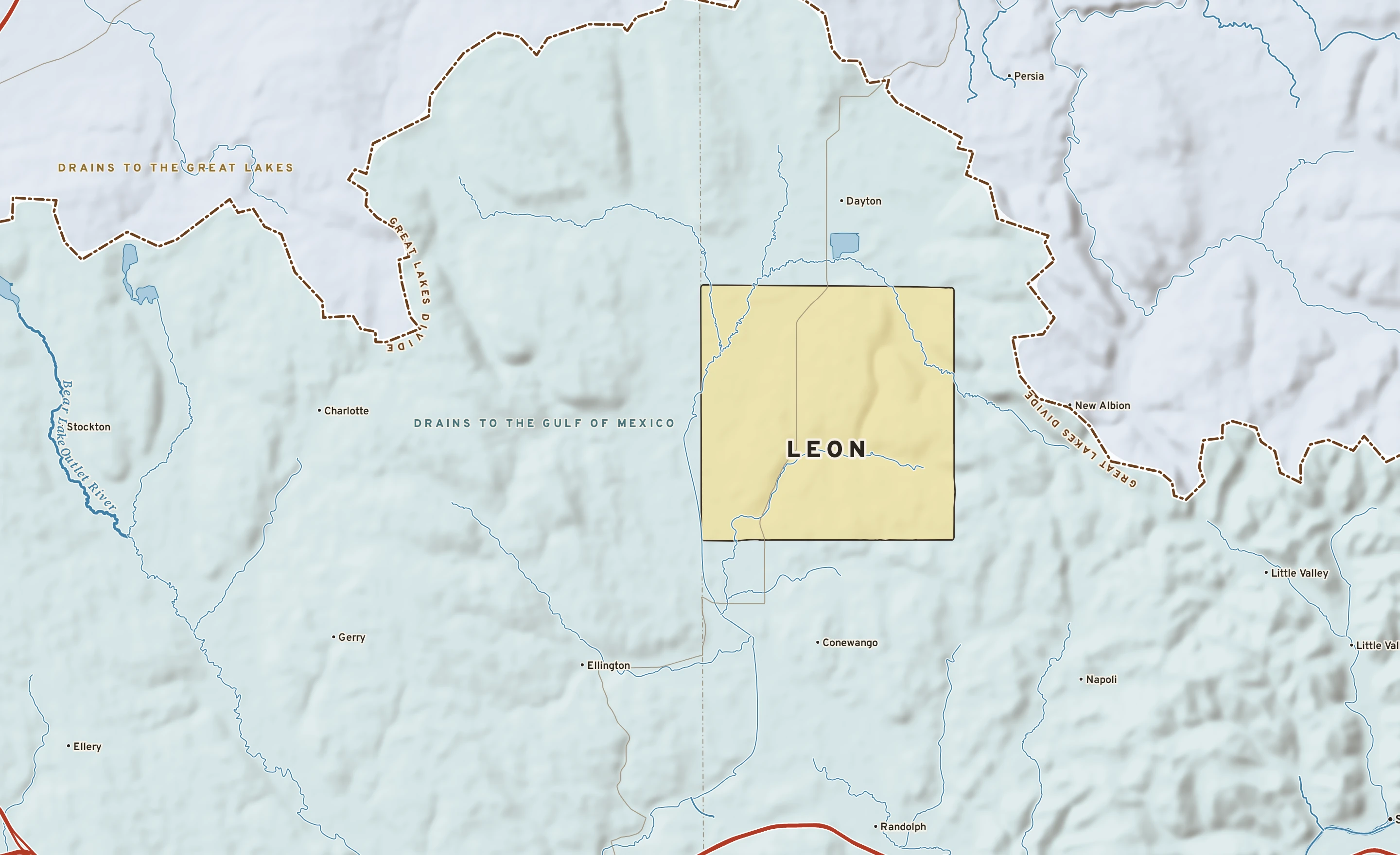 Shaded-relief atlas plate of Leon, New York: rivers, roads, the city limits and where the water drains.