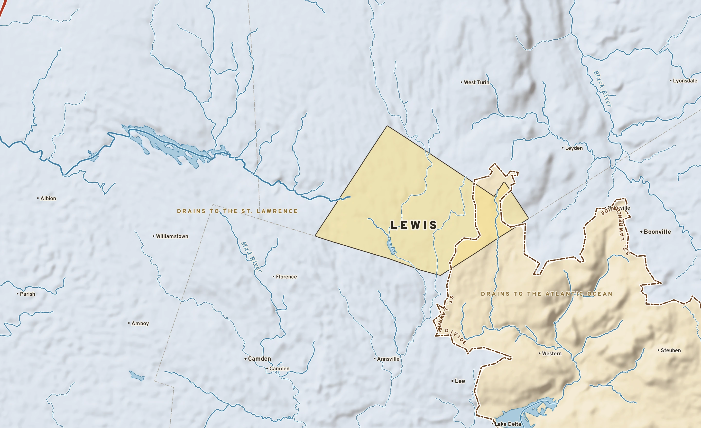 Shaded-relief atlas plate of Lewis, New York: rivers, roads, the city limits and where the water drains.