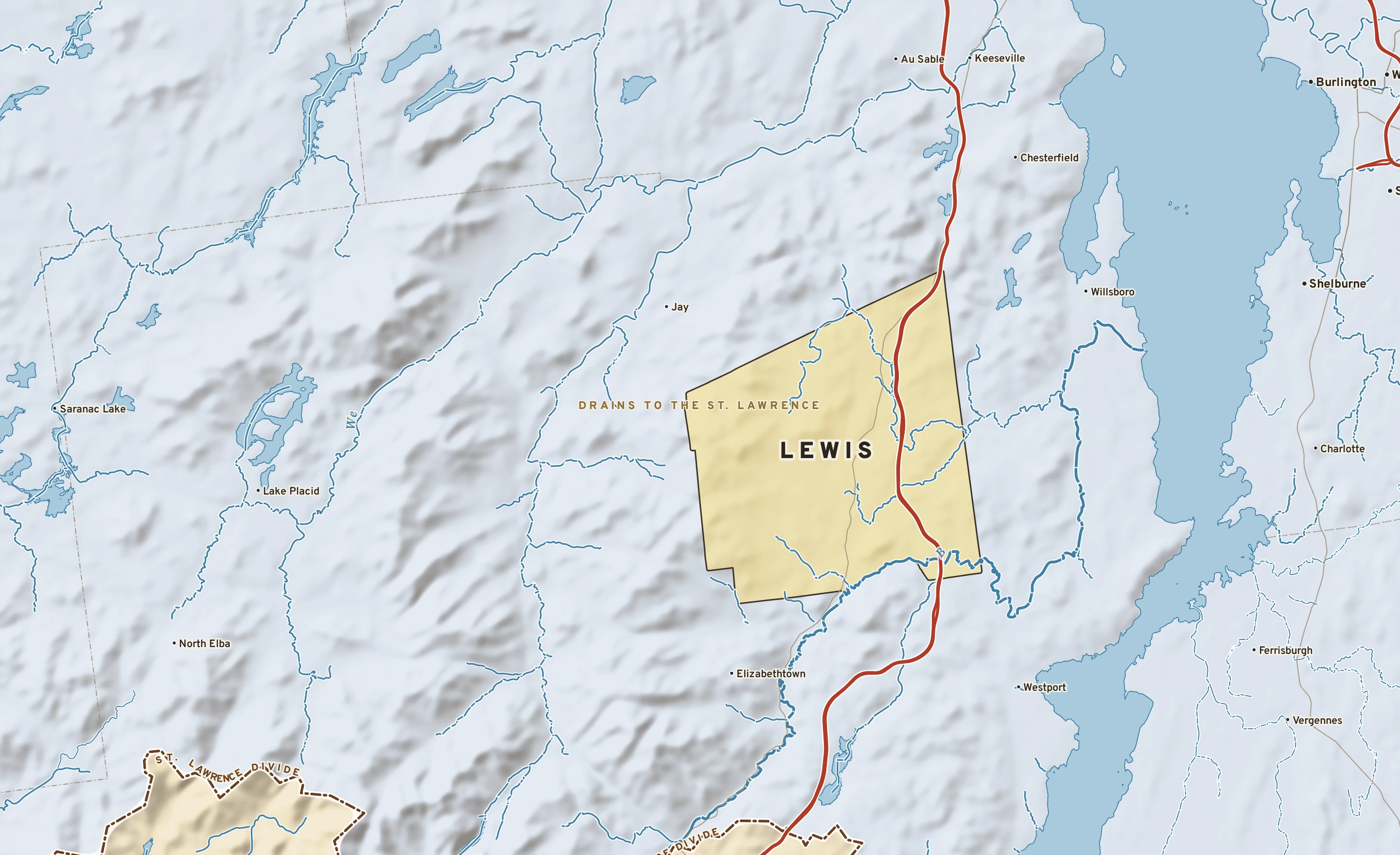 Shaded-relief atlas plate of Lewis, New York: rivers, roads, the city limits and where the water drains.